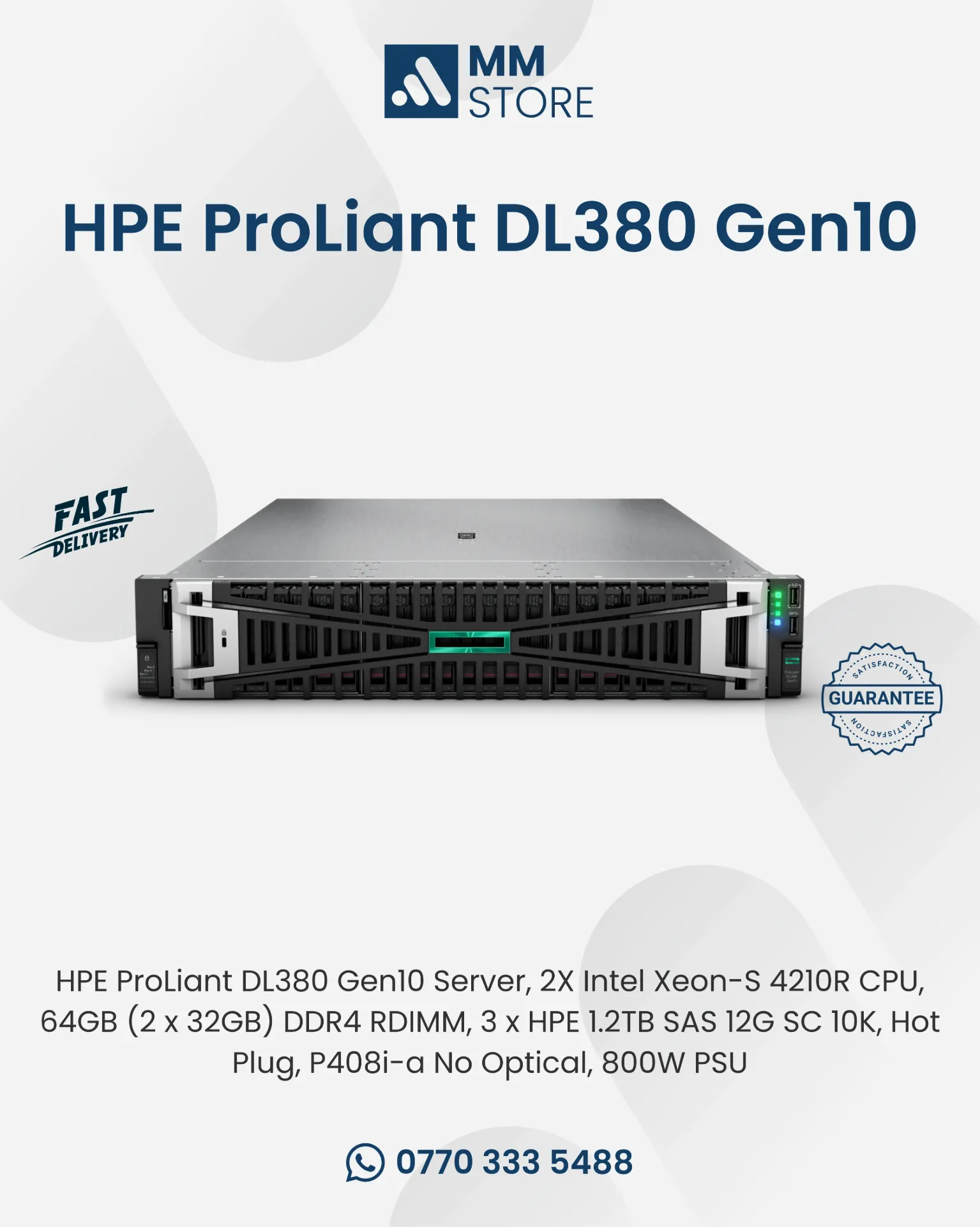 HPE ProLiant DL380 Gen10 Server, 2X Intel Xeon-S 4210R CPU, 64GB (2 x 32GB) DDR4 RDIMM, 3 x HPE 1.2TB SAS 12G SC 10K, Hot Plug, P408i-a No Optical, 800W PSU