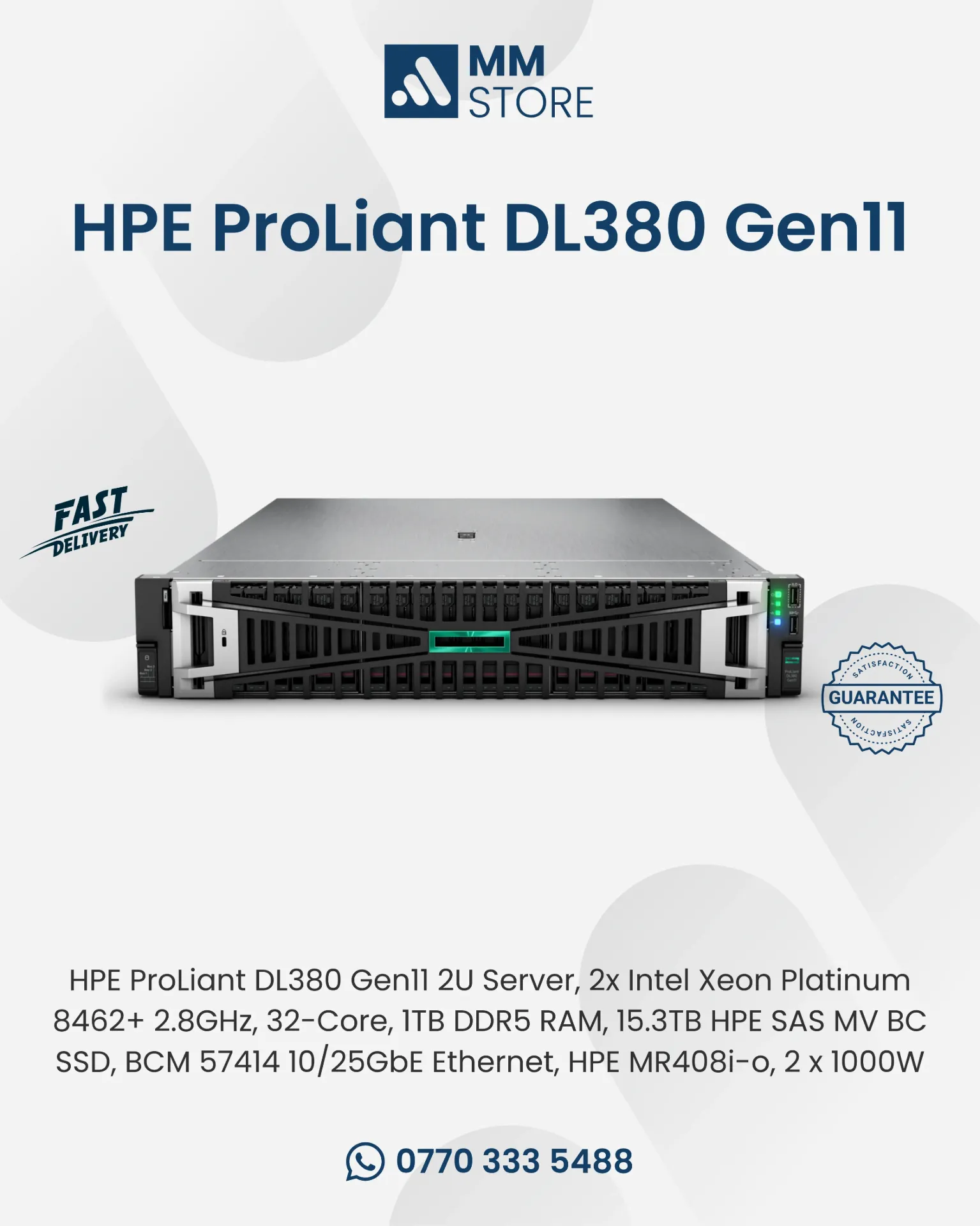HPE ProLiant DL380 Gen11 2U Server, 2x Intel Xeon Platinum 8462+ 2.8GHz, 32-Core, 1TB DDR5 RAM, 15.3TB HPE SAS MV BC SSD, BCM 57414 10/25GbE Ethernet, HPE MR408i-o, 2 x 1000W PSU