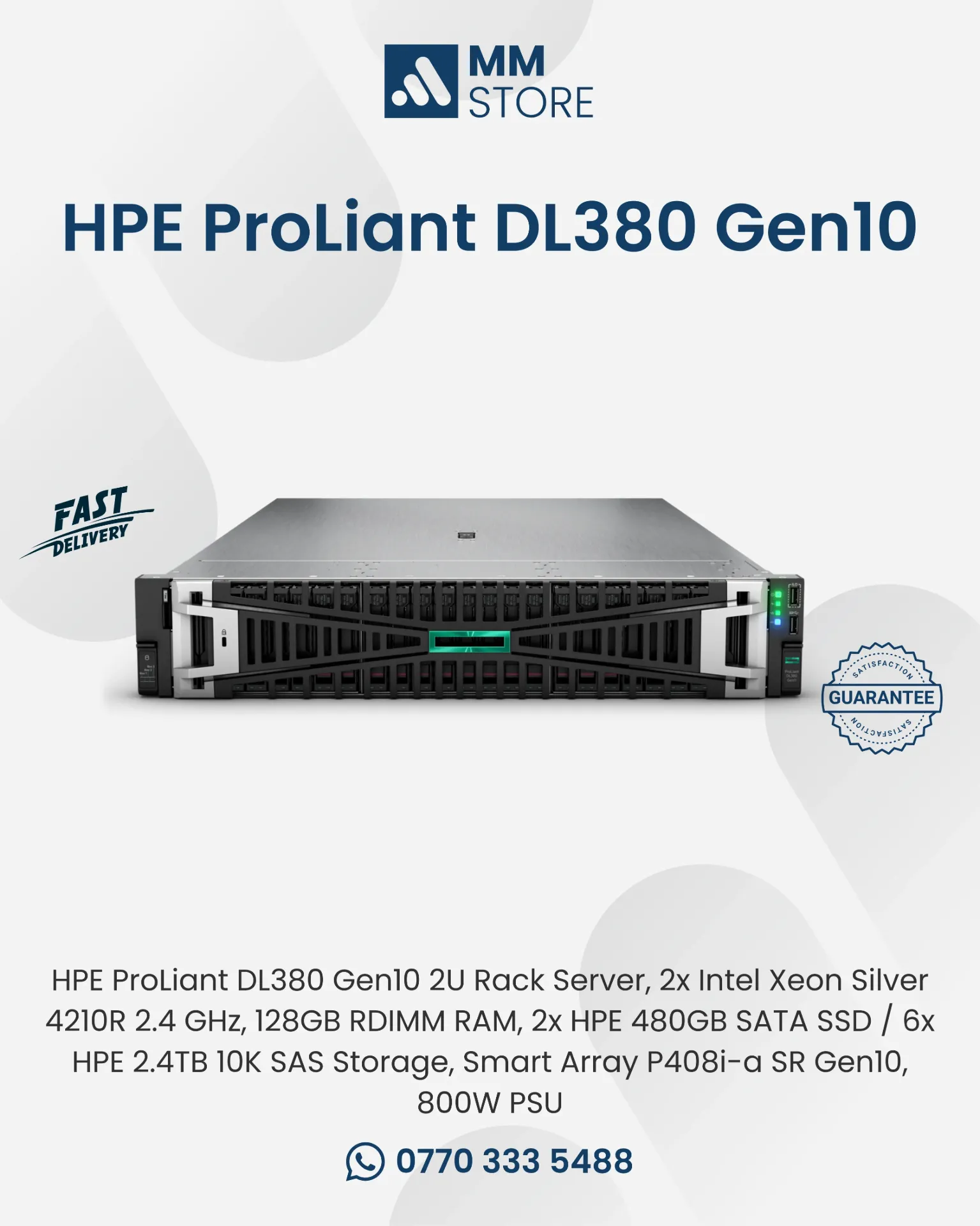 HPE ProLiant DL380 Gen10 2U Rack Server, 2x Intel Xeon Silver 4210R 2.4 GHz, 128GB RDIMM RAM, 2x HPE 480GB SATA SSD / 6x HPE 2.4TB 10K SAS Storage, Smart Array P408i-a SR Gen10, 800W PS