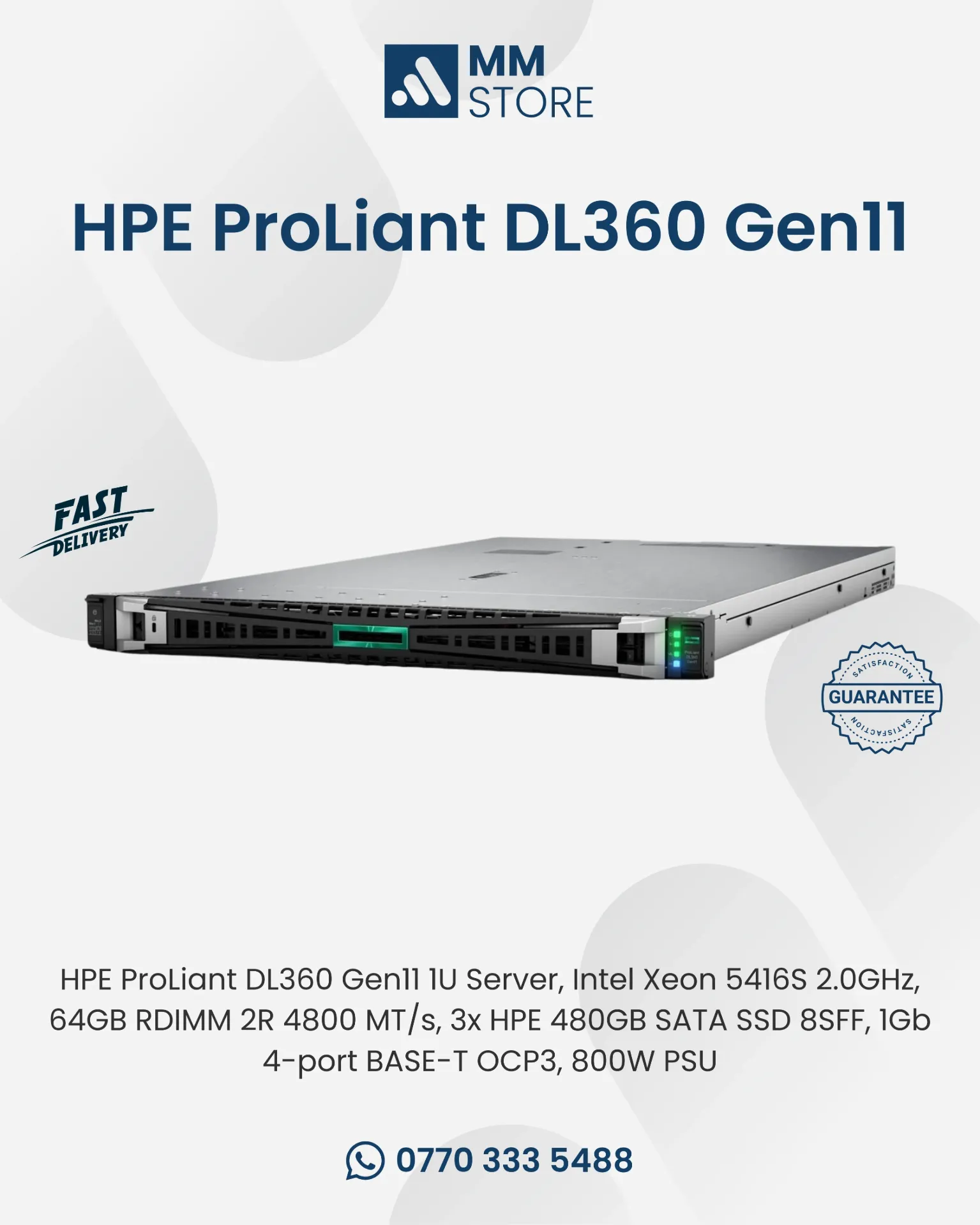 HPE ProLiant DL360 Gen11 1U Server, Intel Xeon 5416S 2.0GHz, 64GB RDIMM 2R 4800 MT/s, 3x HPE 480GB SATA SSD 8SFF, 1Gb 4-port BASE-T OCP3, 800W PSU