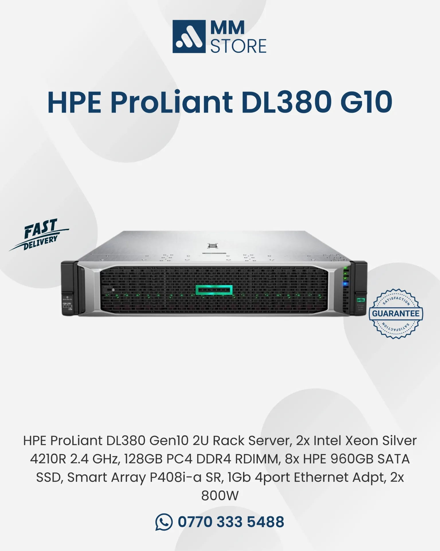 HPE ProLiant DL380 Gen10 2U Rack Server, 2x Intel Xeon Silver 4210R 2.4 GHz, 128GB PC4 DDR4 RDIMM, 8x HPE 960GB SATA SSD, Smart Array P408i-a SR, 1Gb 4port Ethernet Adpt, 2x 800W