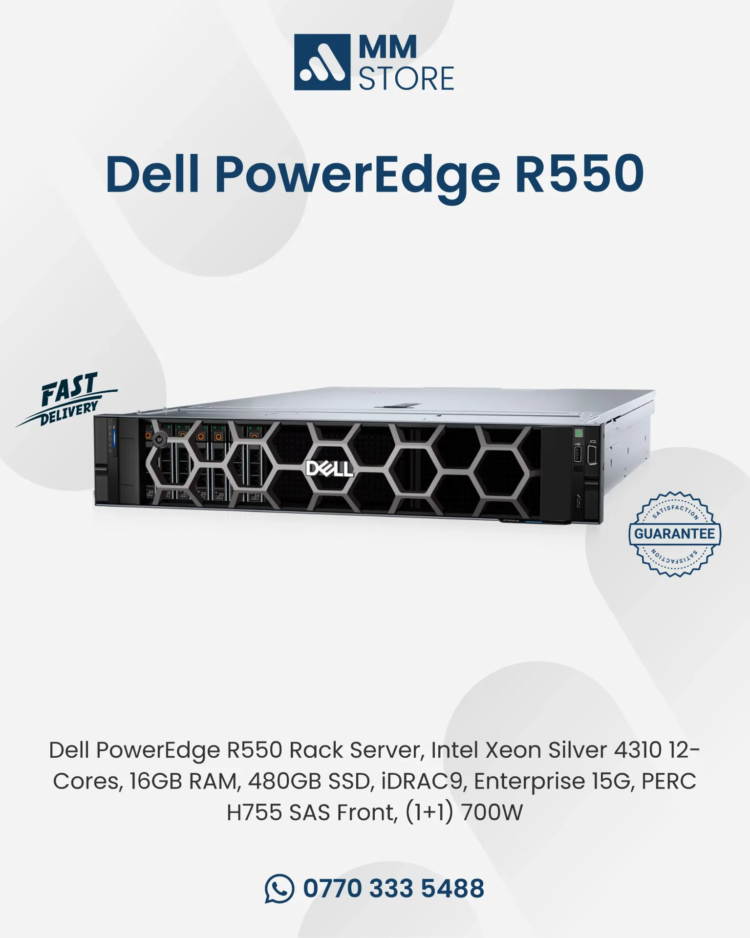 Dell PowerEdge R550 Rack Server, Intel Xeon Silver 4310 12-Cores, 16GB RAM, 480GB SSD, iDRAC9, Enterprise 15G, PERC H755 SAS Front, (1+1) 700W