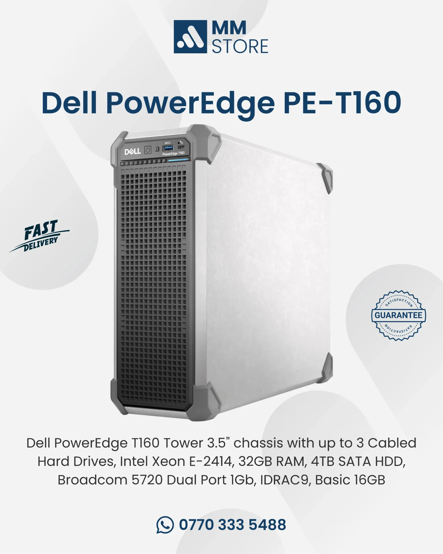 Dell PowerEdge T160 Tower 3.5" chassis with up to 3 Cabled Hard Drives, Intel Xeon E-2414, 32GB RAM, 4TB SATA HDD, Broadcom 5720 Dual Port 1Gb, IDRAC9, Basic 16GB