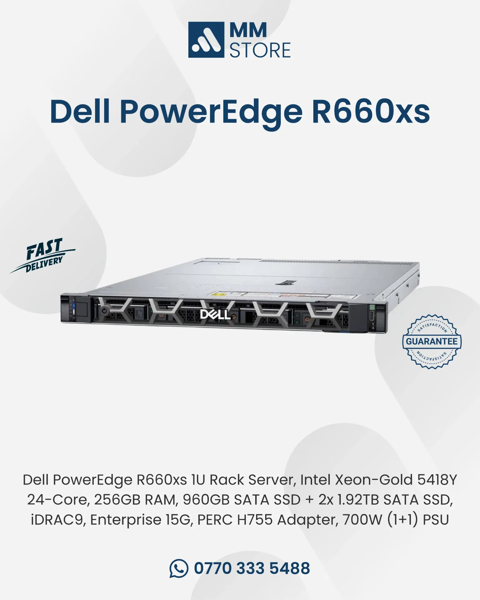 Dell PowerEdge R660xs 1U Rack Server, Intel Xeon-Gold 5418Y 24-Core, 256GB RAM, 960GB SATA SSD + 2x 1.92TB SATA SSD, iDRAC9, Enterprise 15G, PERC H755 Adapter, 700W (1+1) PSU