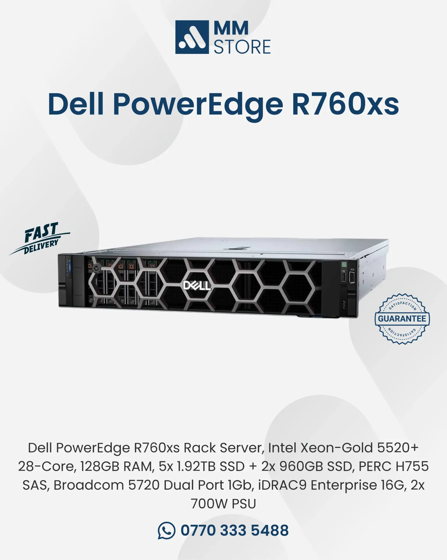 Dell PowerEdge R760xs Rack Server, Intel Xeon-Gold 5520+ 28-Core, 128GB RAM, 5x 1.92TB SSD + 2x 960GB SSD, PERC H755 SAS, Broadcom 5720 Dual Port 1Gb, iDRAC9 Enterprise 16G, 2x 700W PSU