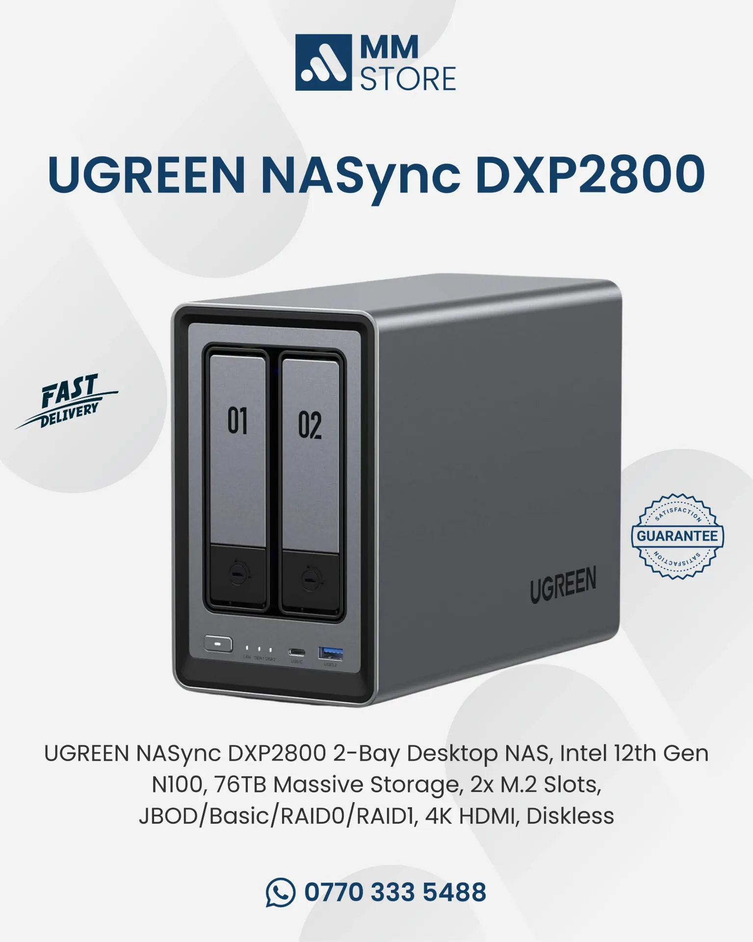 UGREEN NASync DXP2800 2-Bay Desktop NAS, Intel 12th Gen N100, 76TB Massive Storage, 2x M.2 Slots, JBOD/Basic/RAID0/RAID1, 4K HDMI, Diskless
