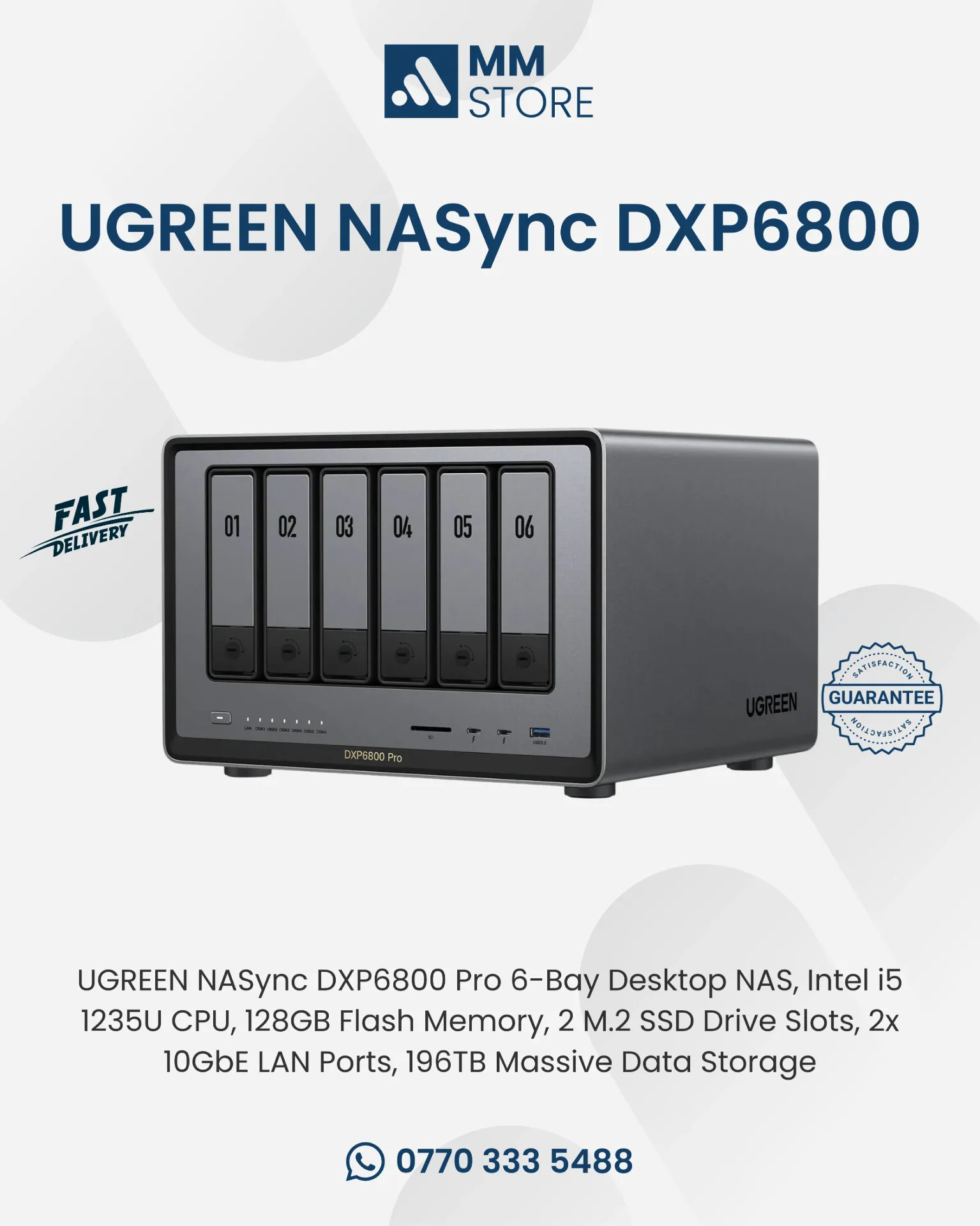 UGREEN NASync DXP6800 Pro 6-Bay Desktop NAS, Intel i5 1235U CPU, 128GB Flash Memory, 2 M.2 SSD Drive Slots, 2x 10GbE LAN Ports, 196TB Massive Data Storage