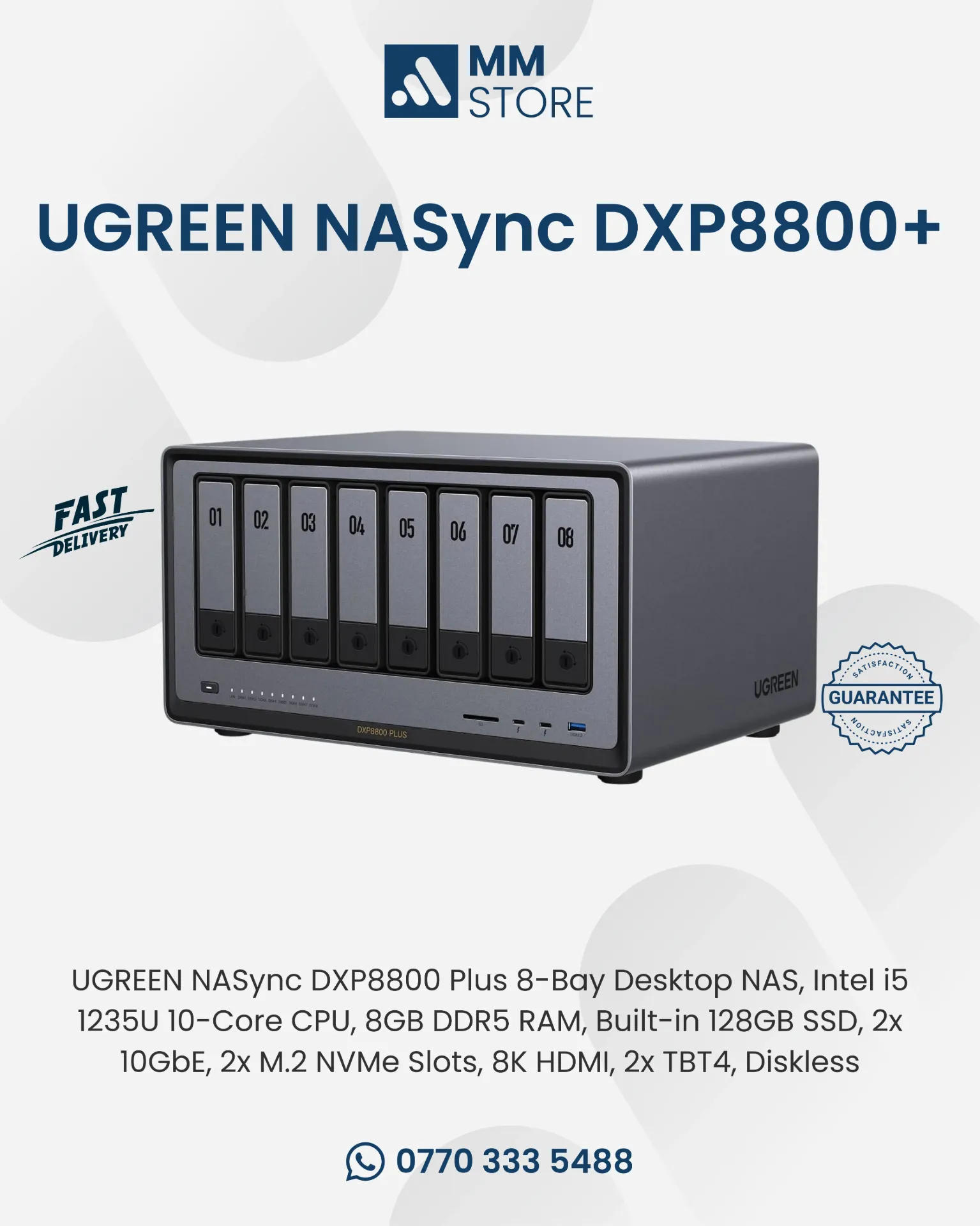 UGREEN NASync DXP8800 Plus 8-Bay Desktop NAS, Intel i5 1235U 10-Core CPU, 8GB DDR5 RAM, Built-in 128GB SSD, 2x 10GbE, 2x M.2 NVMe Slots, 8K HDMI, 2x TBT4, Diskless