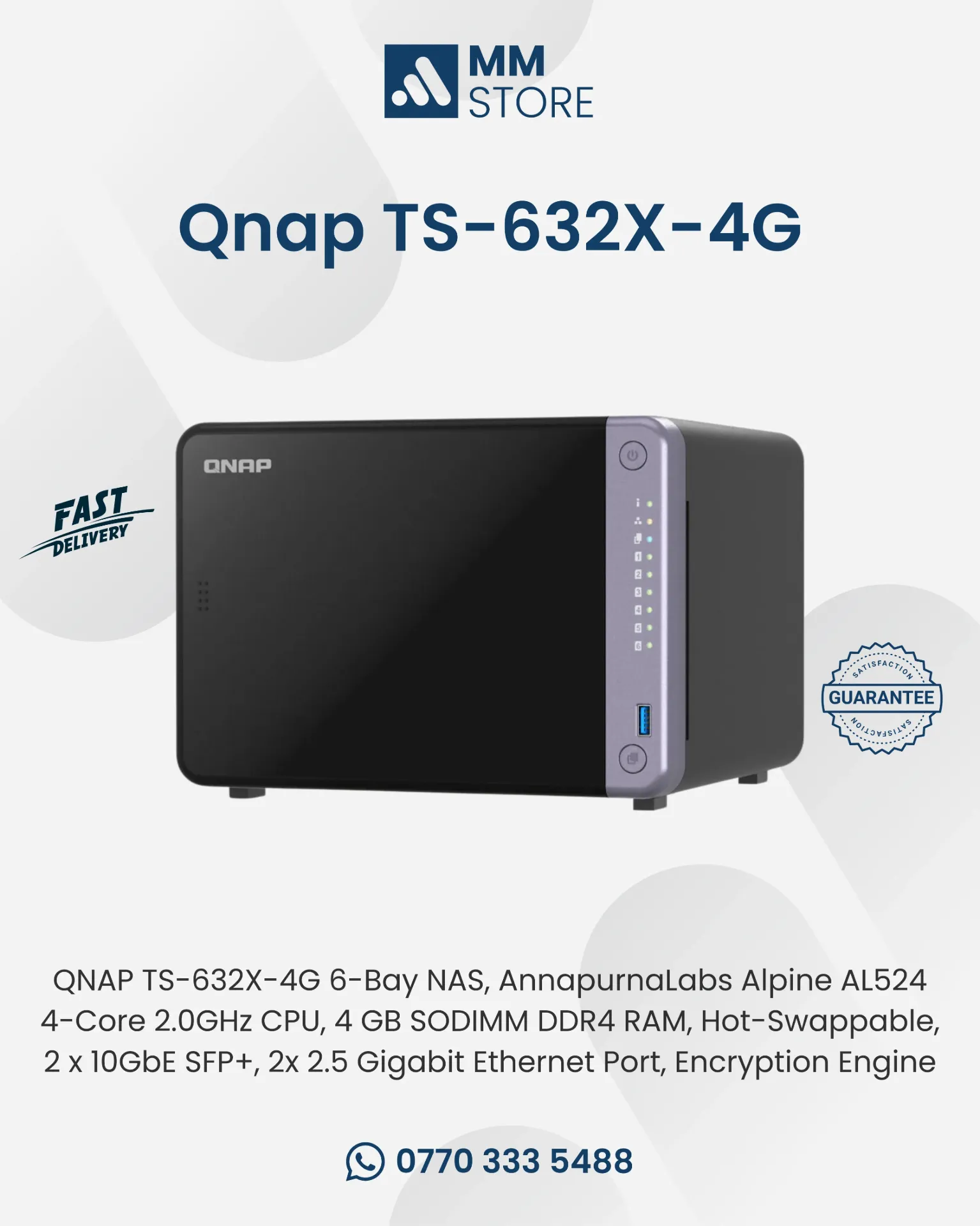 QNAP TS-632X-4G 6-Bay NAS, AnnapurnaLabs Alpine AL524 4-Core 2.0GHz CPU, 4 GB SODIMM DDR4 RAM, Hot-Swappable, 2 x 10GbE SFP+, 2x 2.5 Gigabit Ethernet Port, Encryption Engine