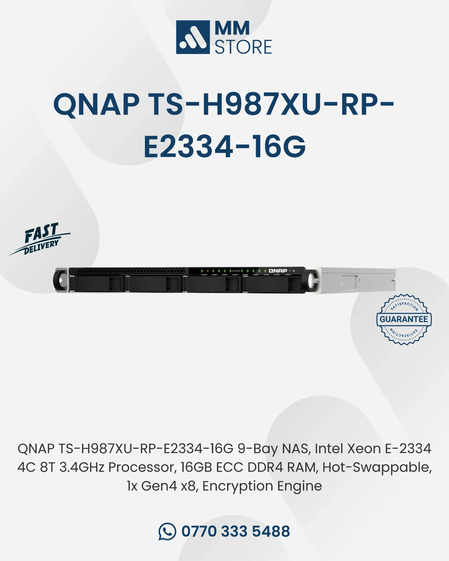 QNAP TS-H987XU-RP-E2334-16G 9-Bay NAS, Intel Xeon E-2334 4C 8T 3.4GHz Processor, 16GB ECC DDR4 RAM, Hot-Swappable, 1x Gen4 x8, Encryption Engine