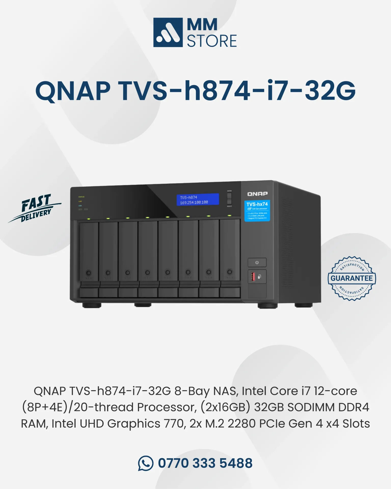 QNAP TVS-h874-i7-32G 8-Bay NAS, Intel Core i7 12-core (8P+4E)/20-thread Processor, (2x16GB) 32GB SODIMM DDR4 RAM, Intel UHD Graphics 770, 2x M.2 2280 PCIe Gen 4 x4 Slots