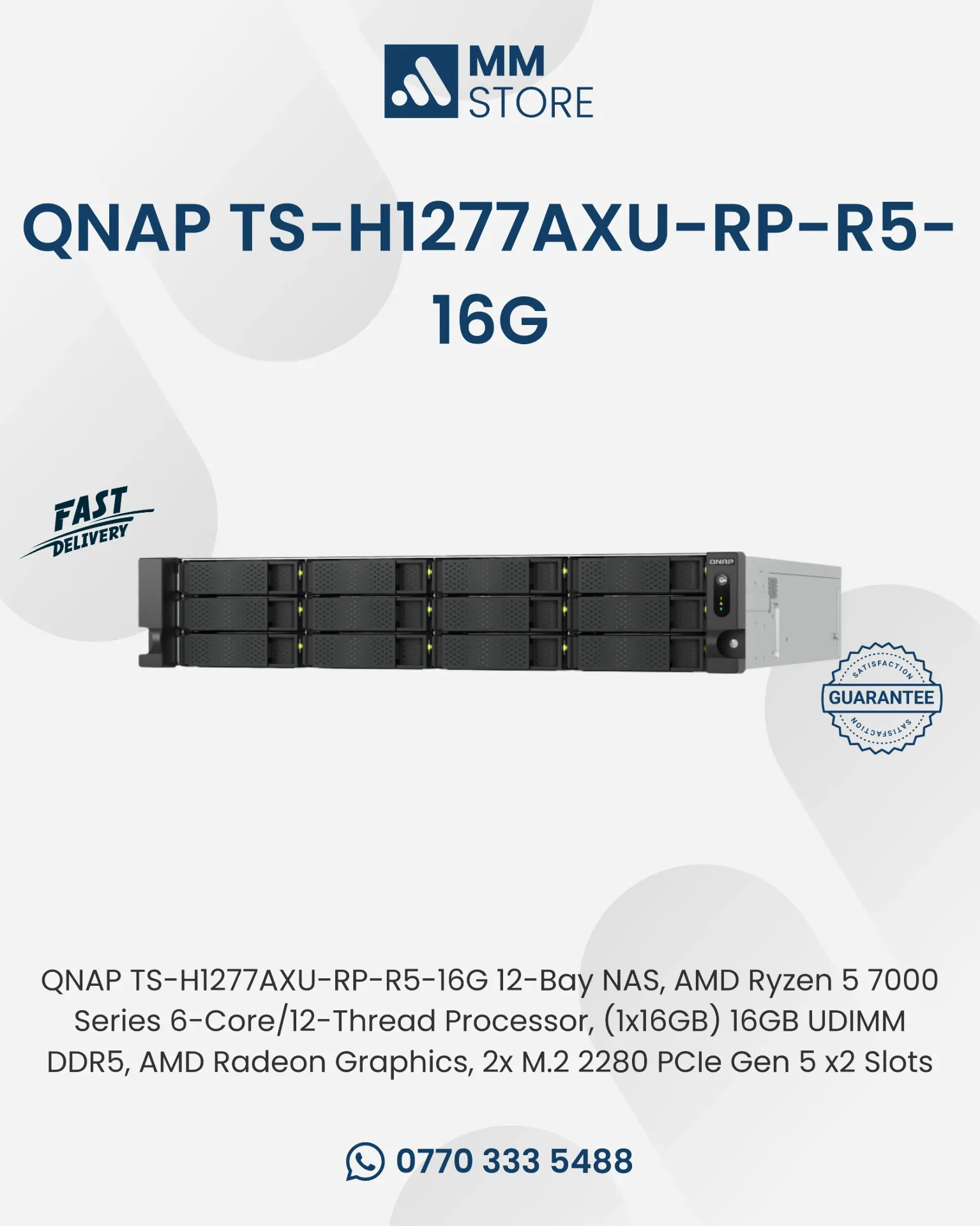 QNAP TS-H1277AXU-RP-R5-16G 12-Bay NAS, AMD Ryzen 5 7000 Series 6-Core/12-Thread Processor, (1x16GB) 16GB UDIMM DDR5, AMD Radeon Graphics, 2x M.2 2280 PCIe Gen 5 x2 Slots