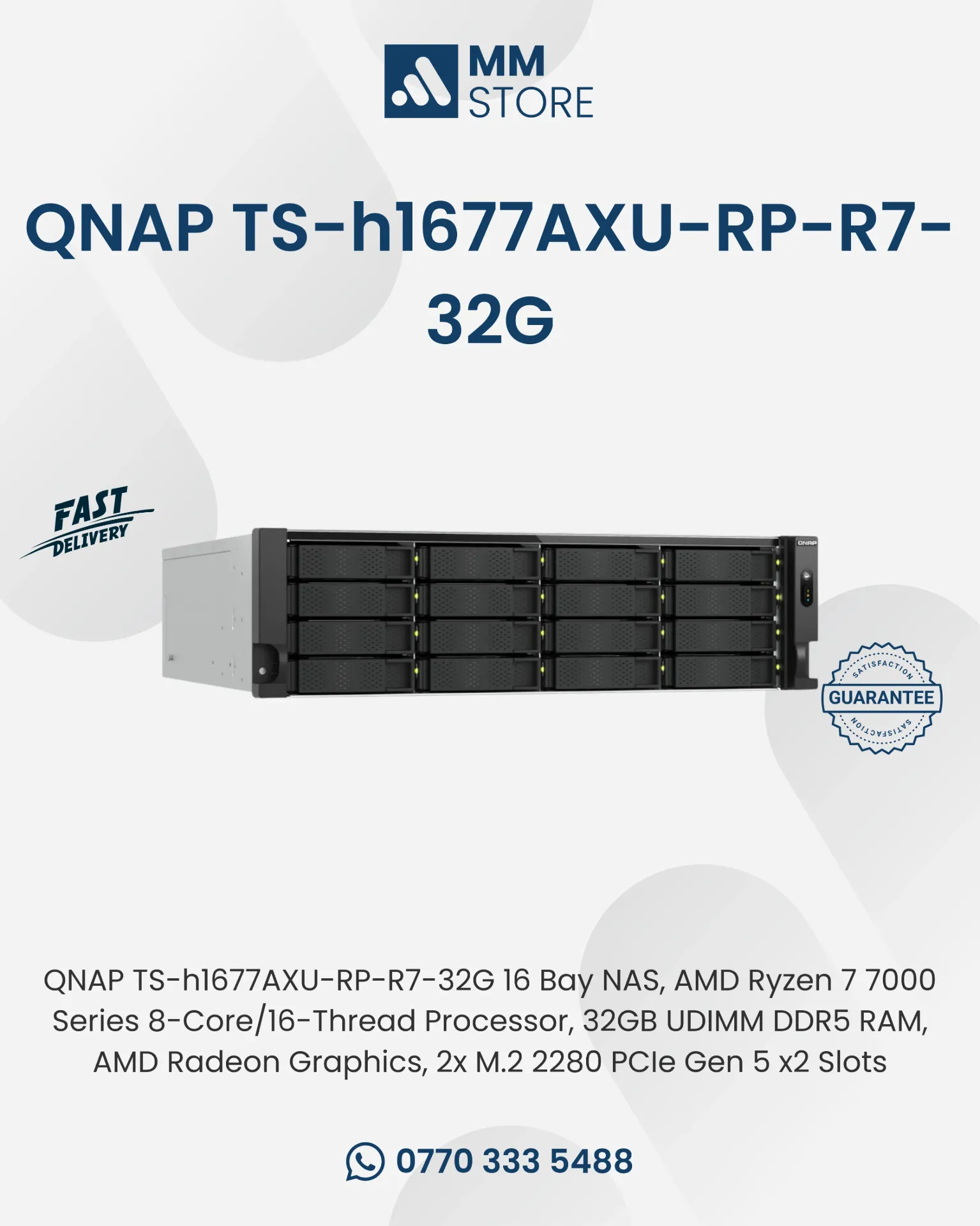 QNAP TS-h1677AXU-RP-R7-32G 16 Bay NAS, AMD Ryzen 7 7000 Series 8-Core/16-Thread Processor, 32GB UDIMM DDR5 RAM, AMD Radeon Graphics, 2x M.2 2280 PCIe Gen 5 x2 Slots