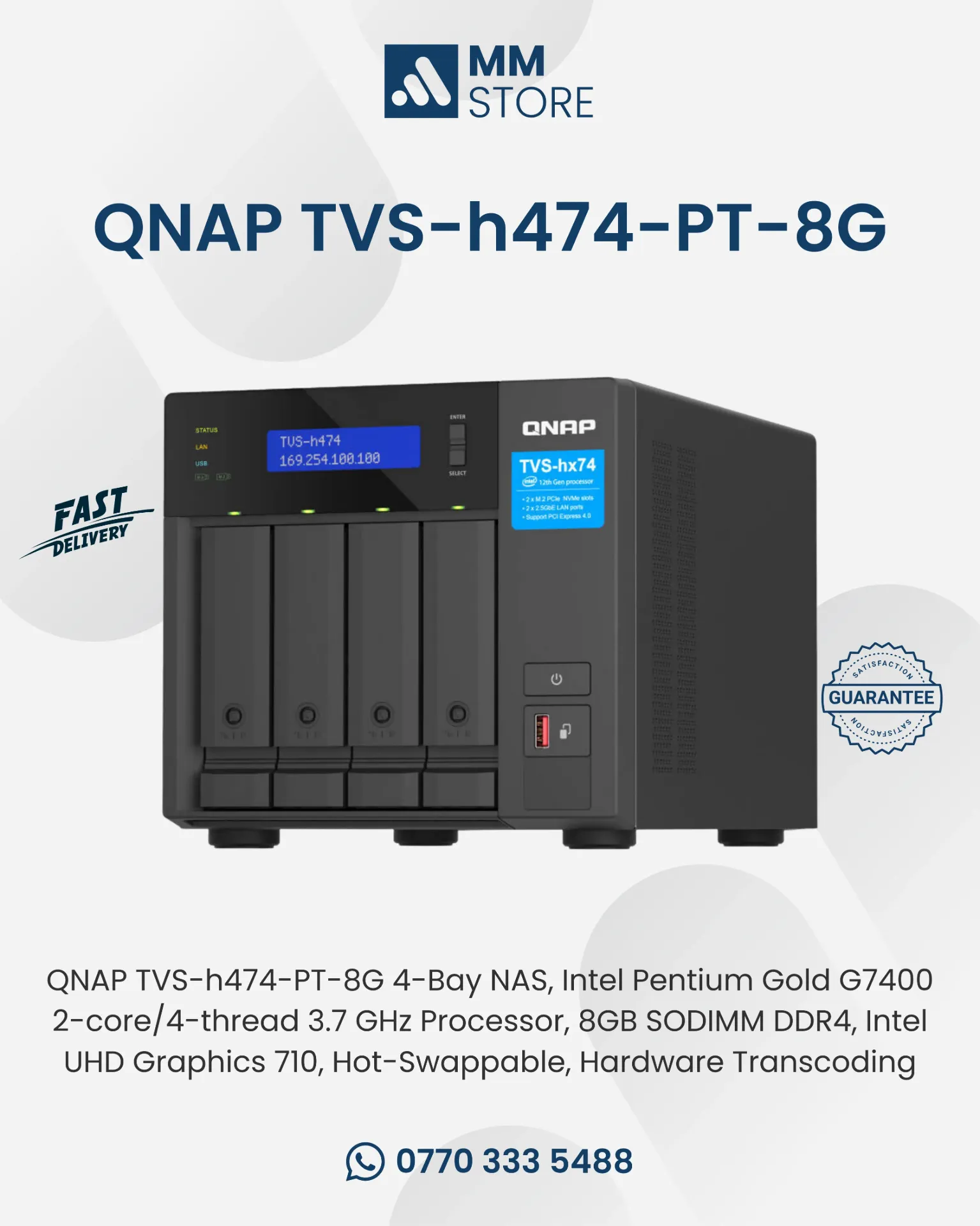 [Intel Pentium Gold G7400 2-core/4-thread 3.7 GHz Processor, 8GB SODIMM DDR4, Intel UHD Graphics 710, Hot-Swappable, Hardware Transcoding] QNAP TVS-h474-PT-8G 4-Bay NAS
