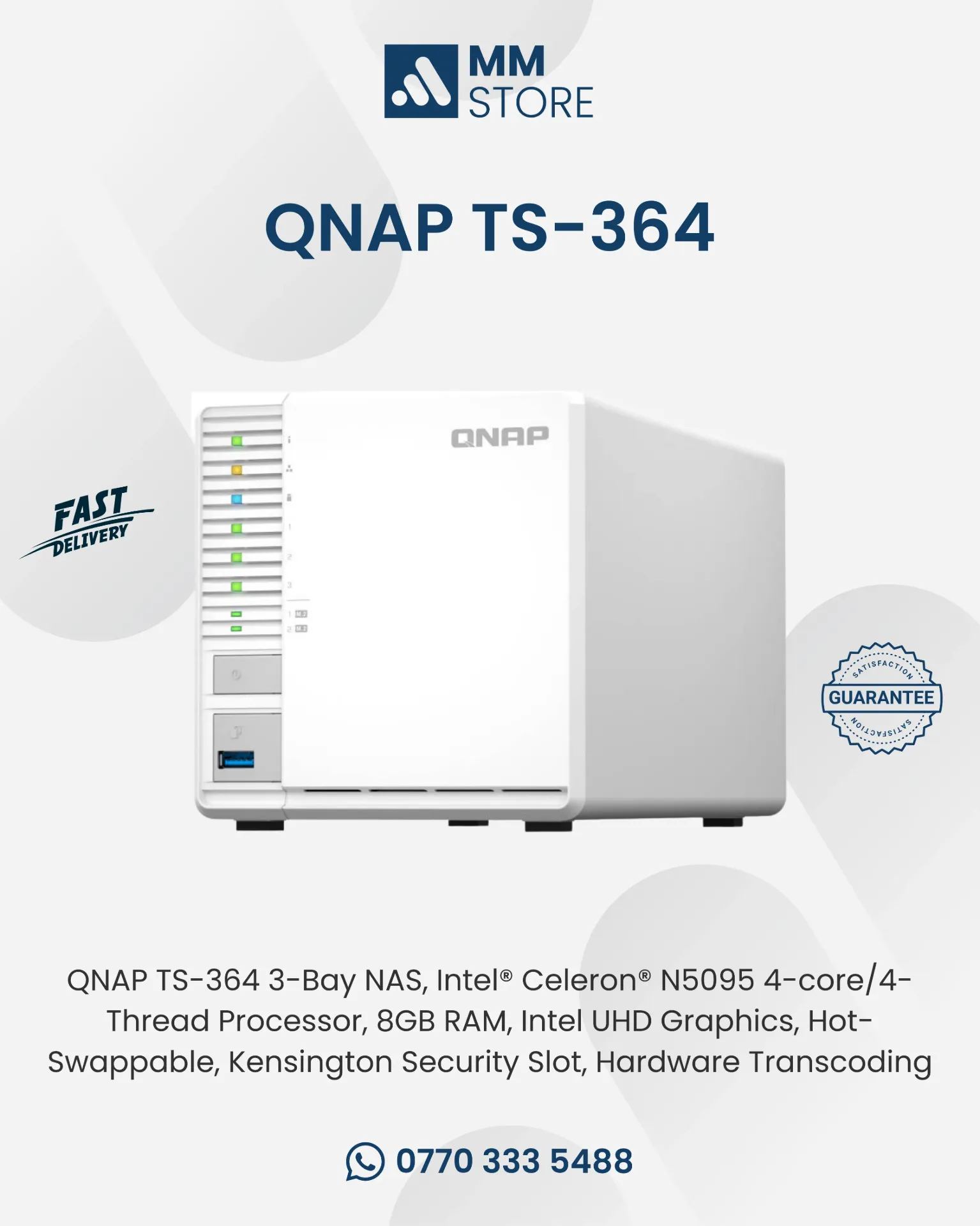 QNAP TS-364 3-Bay NAS, Intel® Celeron® N5095 4-core/4-Thread Processor, 8GB RAM, Intel UHD Graphics, Hot-Swappable, Kensington Security Slot, Hardware Transcoding