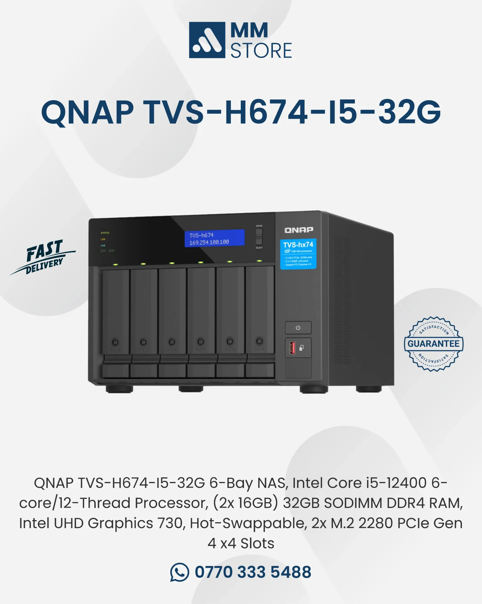 QNAP TVS-H674-I5-32G 6-Bay NAS, Intel Core i5-12400 6-core/12-Thread Processor, (2x 16GB) 32GB SODIMM DDR4 RAM, Intel UHD Graphics 730, Hot-Swappable, 2x M.2 2280 PCIe Gen 4 x4 Slots