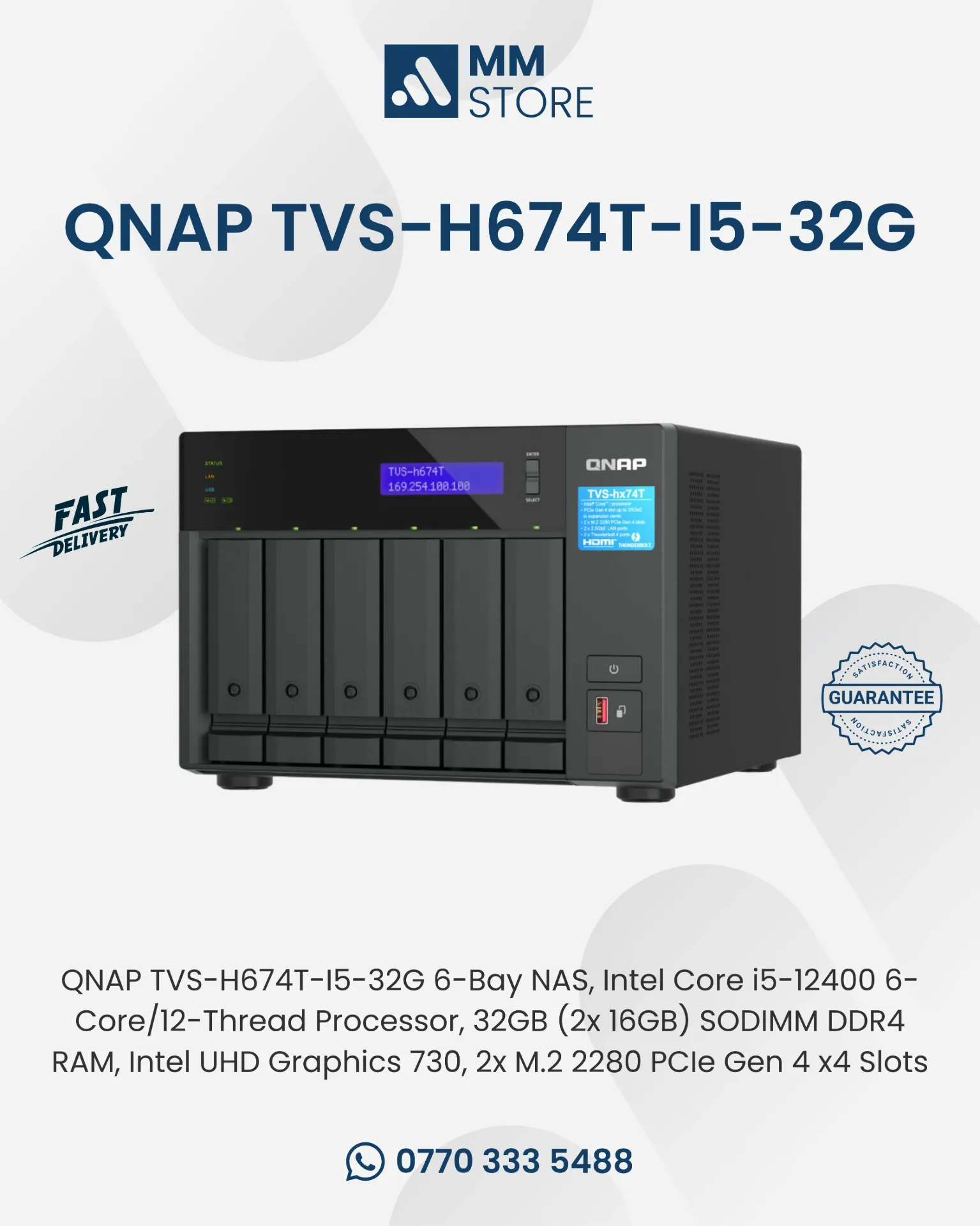QNAP TVS-H674T-I5-32G 6-Bay NAS, Intel Core i5-12400 6-Core/12-Thread Processor, 32GB (2x 16GB) SODIMM DDR4 RAM, Intel UHD Graphics 730, 2x M.2 2280 PCIe Gen 4 x4 Slots