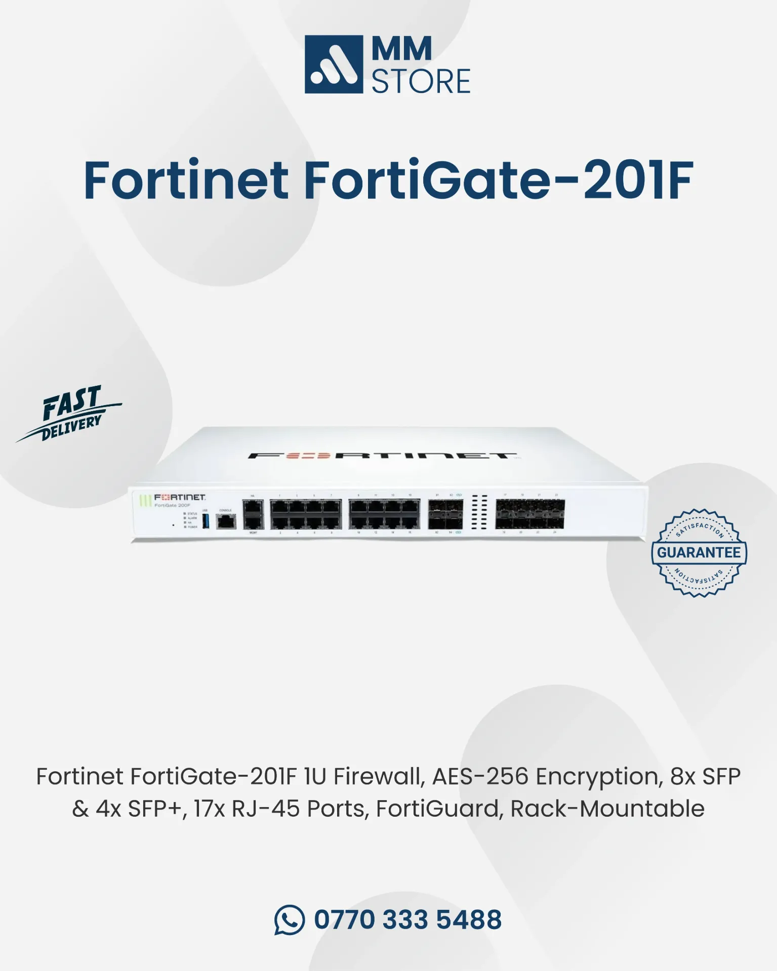 Fortinet FortiGate-201F 1U Firewall, AES-256 Encryption, 8x SFP & 4x SFP+, 17x RJ-45 Ports, FortiGuard, Rack-Mountable