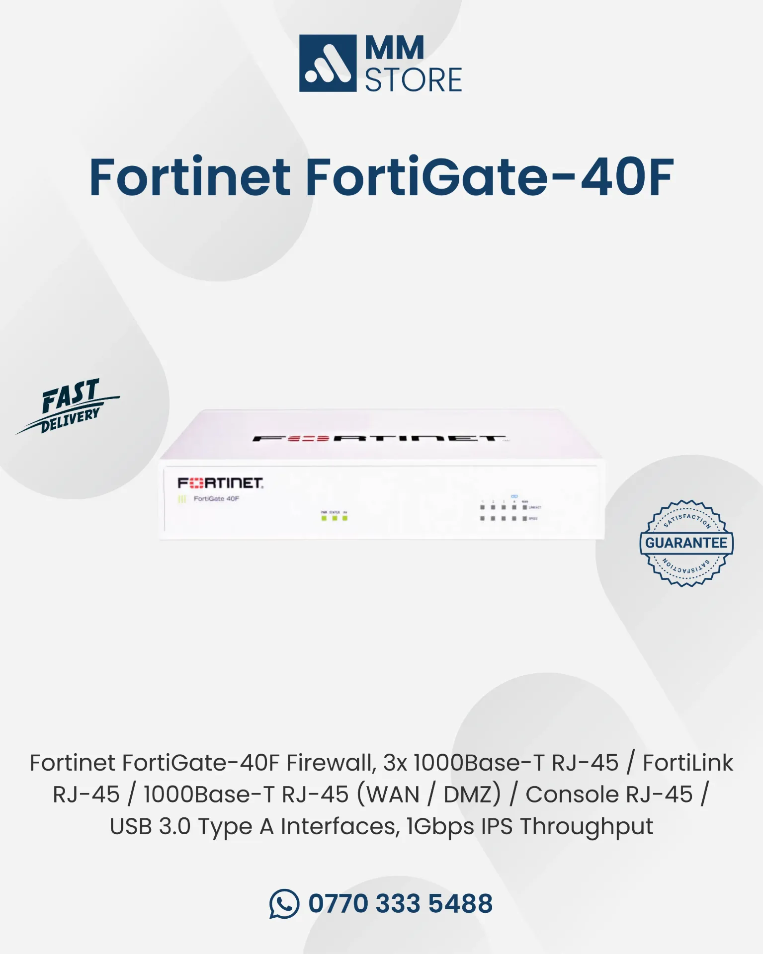 Fortinet FortiGate-40F Firewall, 3x 1000Base-T RJ-45 / FortiLink RJ-45 / 1000Base-T RJ-45 (WAN / DMZ) / Console RJ-45 / USB 3.0 Type A Interfaces, 1Gbps IPS Throughput