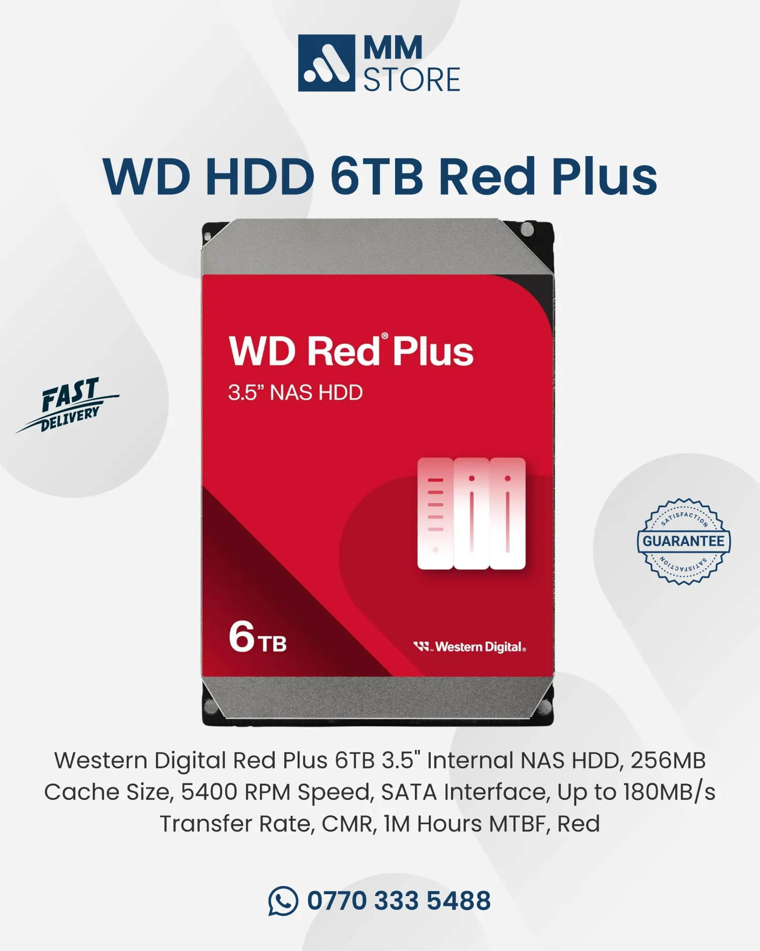 [3.5" Internal NAS HDD, 256MB Cache Size, 5400 RPM Speed, SATA Interface, Up to 180MB/s Transfer Rate, CMR, 1M Hours MTBF, Red] WD60EFPX Western Digital Red Plus 6TB