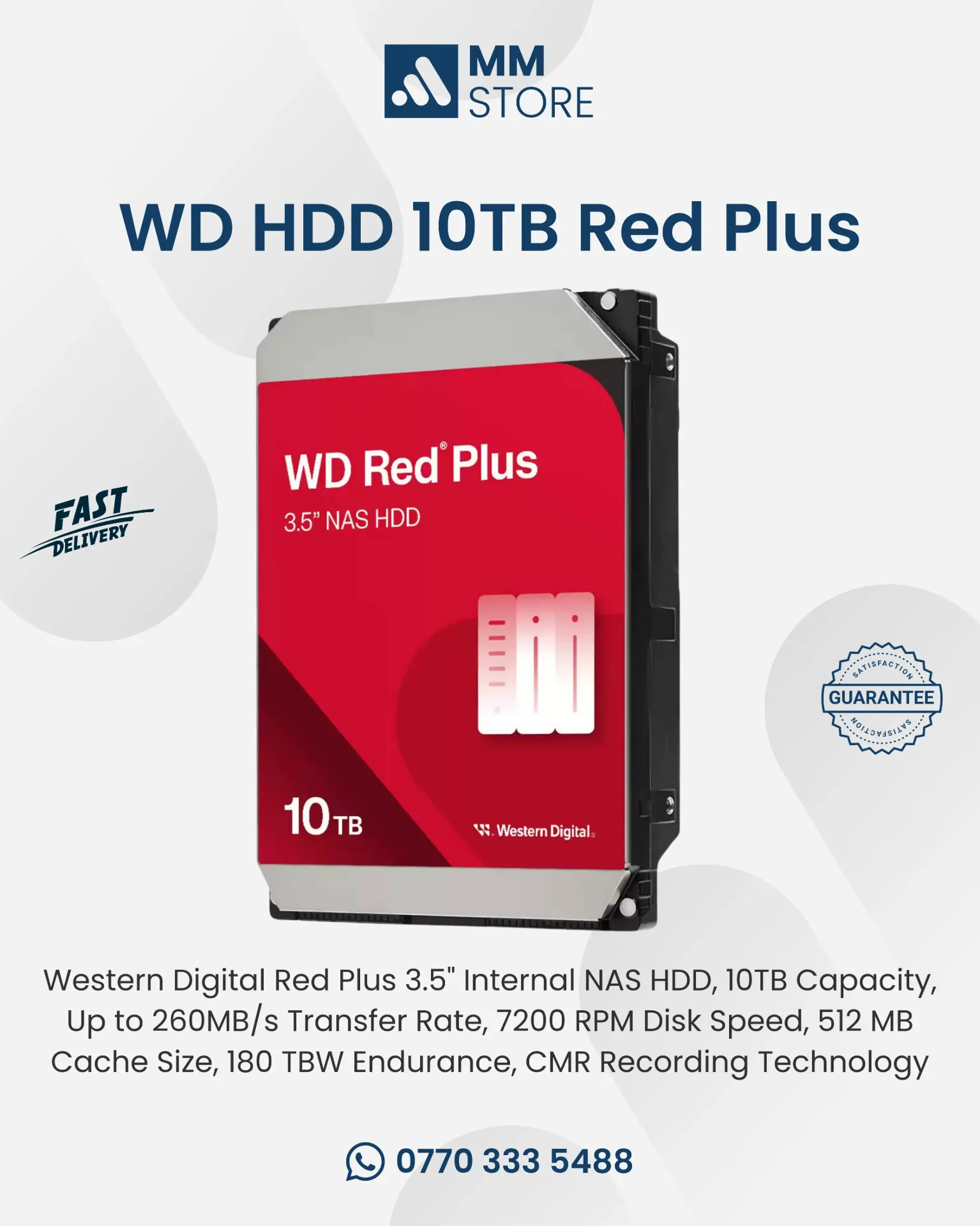 [3.5" Internal NAS HDD, 10TB Capacity, Up to 260MB/s Transfer Rate, 7200 RPM Disk Speed, 512 MB Cache Size, 180 TBW Endurance, CMR Recording Technology] WD100EFGX Western Digital 10TB Red Plus