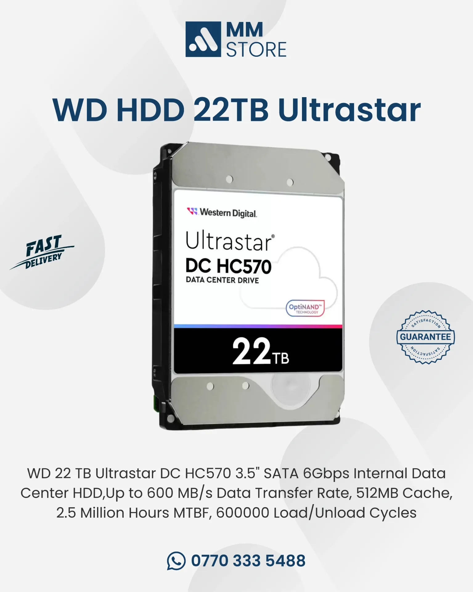 [3.5" SATA 6Gbps Internal Data Center HDD,Up to 600 MB/s Data Transfer Rate, 512MB Cache, 2.5 Million Hours MTBF, 600000 Load/Unload Cycles] WD 22TB Ultrastar DC HC570