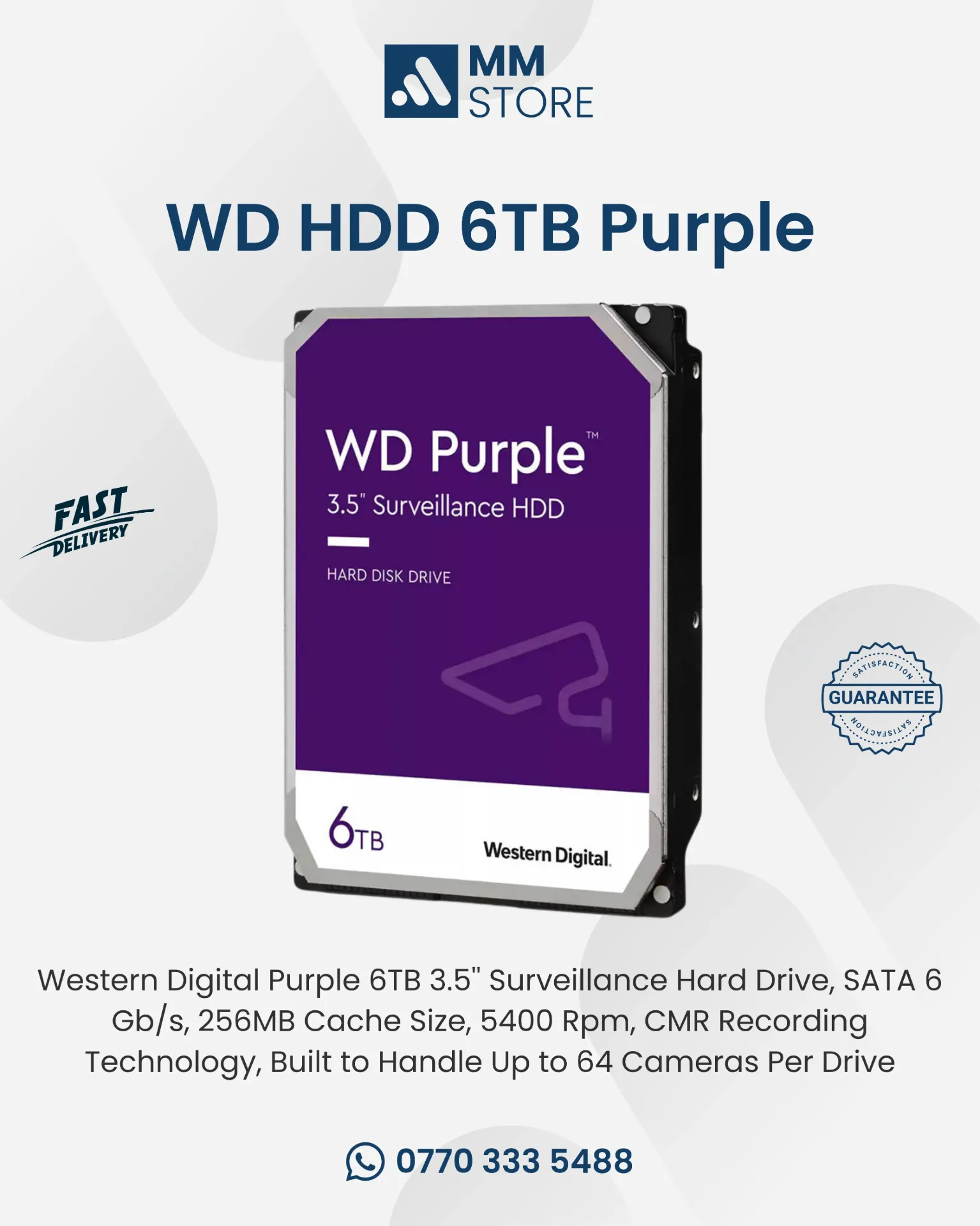[3.5'' Surveillance Hard Drive, SATA 6 Gb/s, 256MB Cache Size, 5400 Rpm, CMR Recording Technology, Built to Handle Up to 64 Cameras Per Drive] WD64PURZ Western Digital Purple 6TB