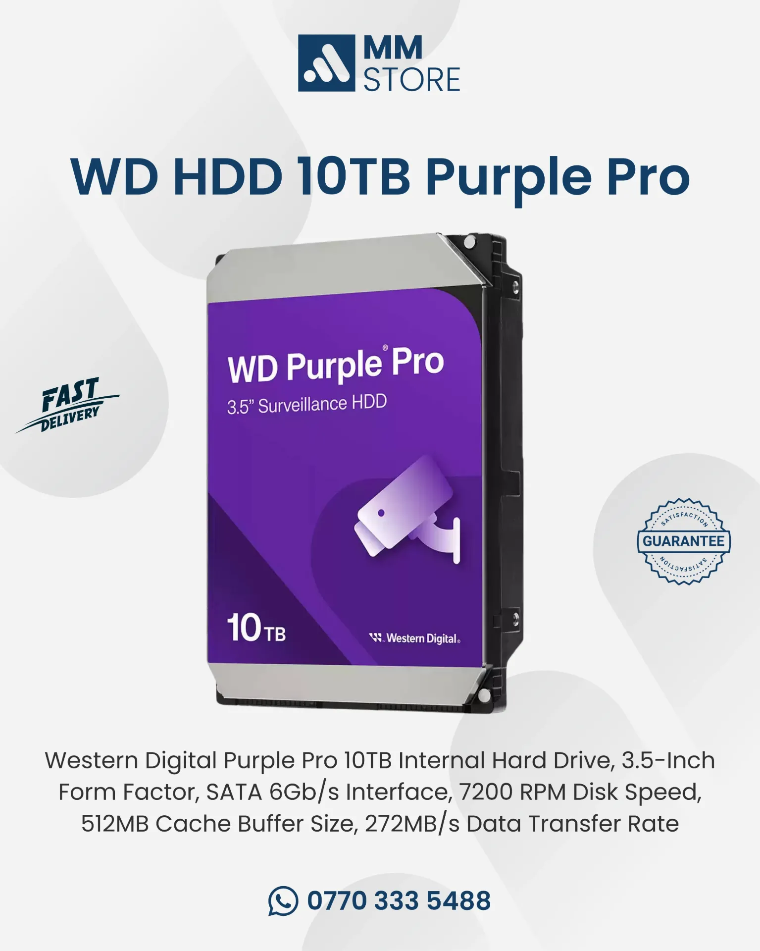 [Internal Hard Drive, 3.5-Inch Form Factor, SATA 6Gb/s Interface, 7200 RPM Disk Speed, 512MB Cache Buffer Size, 272MB/s Data Transfer Rate] WD102PURP Western Digital Purple Pro 10TB