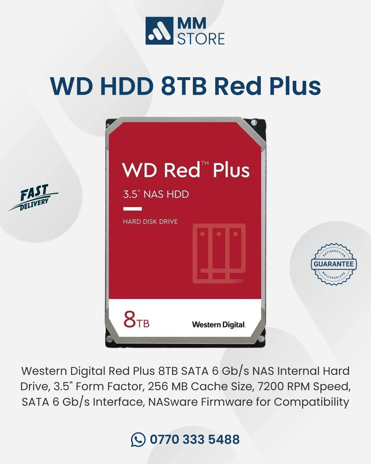 [SATA 6 Gb/s NAS Internal Hard Drive, 3.5" Form Factor, 256 MB Cache Size, 7200 RPM Speed, SATA 6 Gb/s Interface, NASware Firmware for Compatibility] WD80EFBX Western Digital 8TB Red Plus