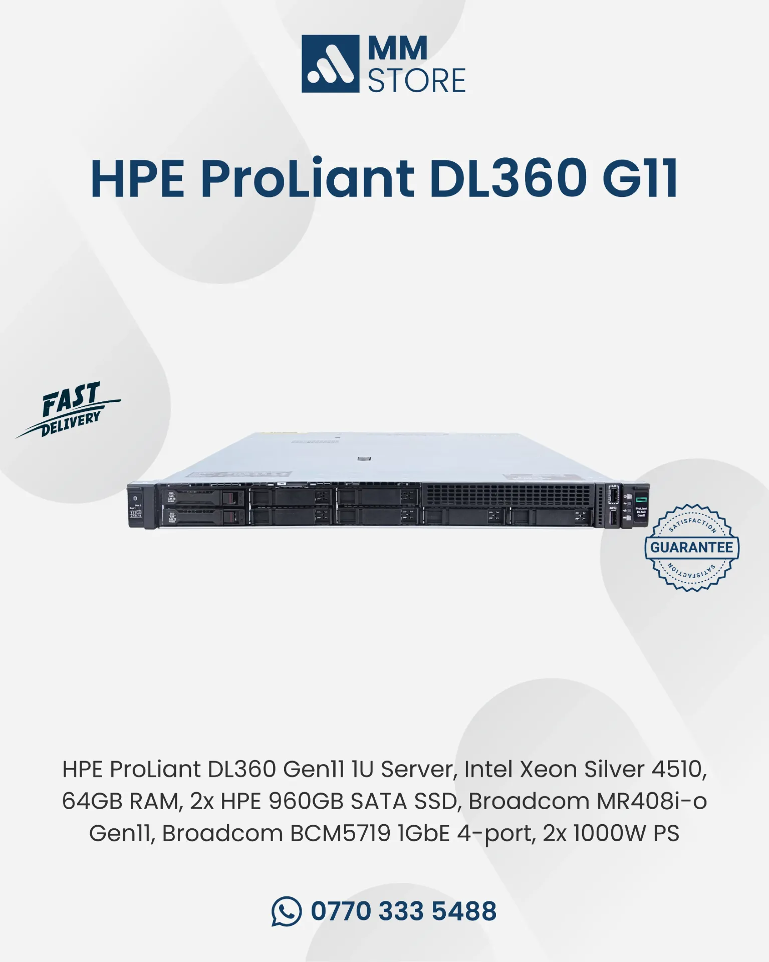 HPE ProLiant DL360 Gen11 1U Server, Intel Xeon Silver 4510, 64GB RAM, 2x HPE 960GB SATA SSD, Broadcom MR408i-o Gen11, Broadcom BCM5719 1GbE 4-port, 2x 1000W PS