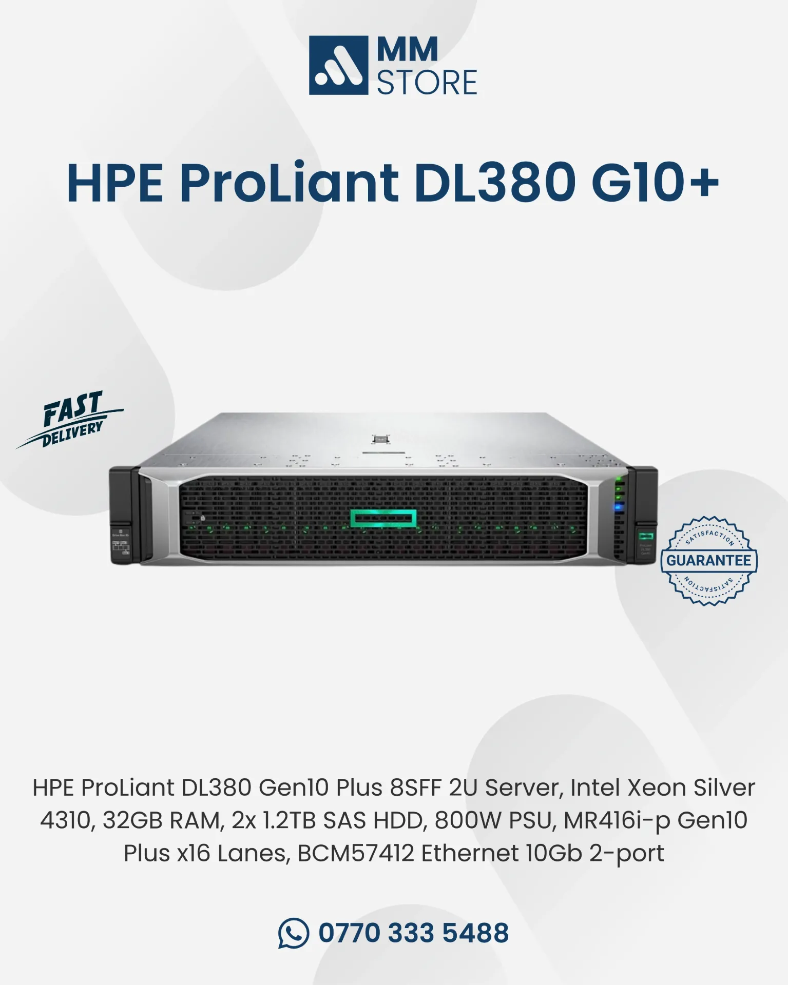 HPE ProLiant DL380 Gen10 Plus 8SFF 2U Server, Intel Xeon Silver 4310, 32GB RAM, 2x 1.2TB SAS HDD, 800W PSU, MR416i-p Gen10 Plus x16 Lanes, BCM57412 Ethernet 10Gb 2-port