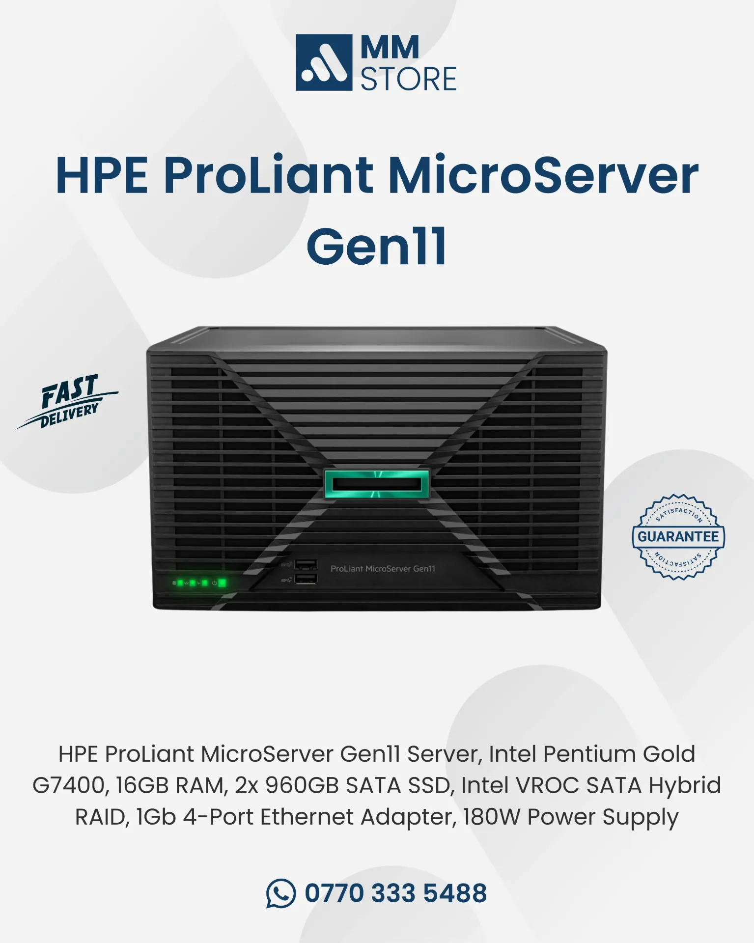 HPE ProLiant MicroServer Gen11 Server, Intel Pentium Gold G7400, 16GB RAM, 2x 960GB SATA SSD, Intel VROC SATA Hybrid RAID, 1Gb 4-Port Ethernet Adapter, 180W Power Supply