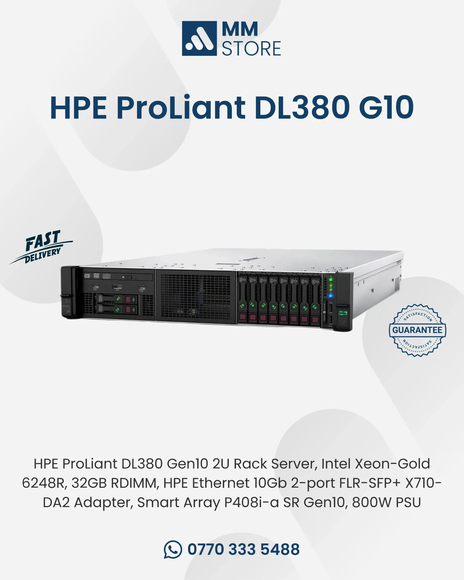 HPE ProLiant DL380 Gen10 2U Rack Server, Intel Xeon-Gold 6248R, 32GB RDIMM, HPE Ethernet 10Gb 2-port FLR-SFP+ X710-DA2 Adapter, Smart Array P408i-a SR Gen10, 800W PSU