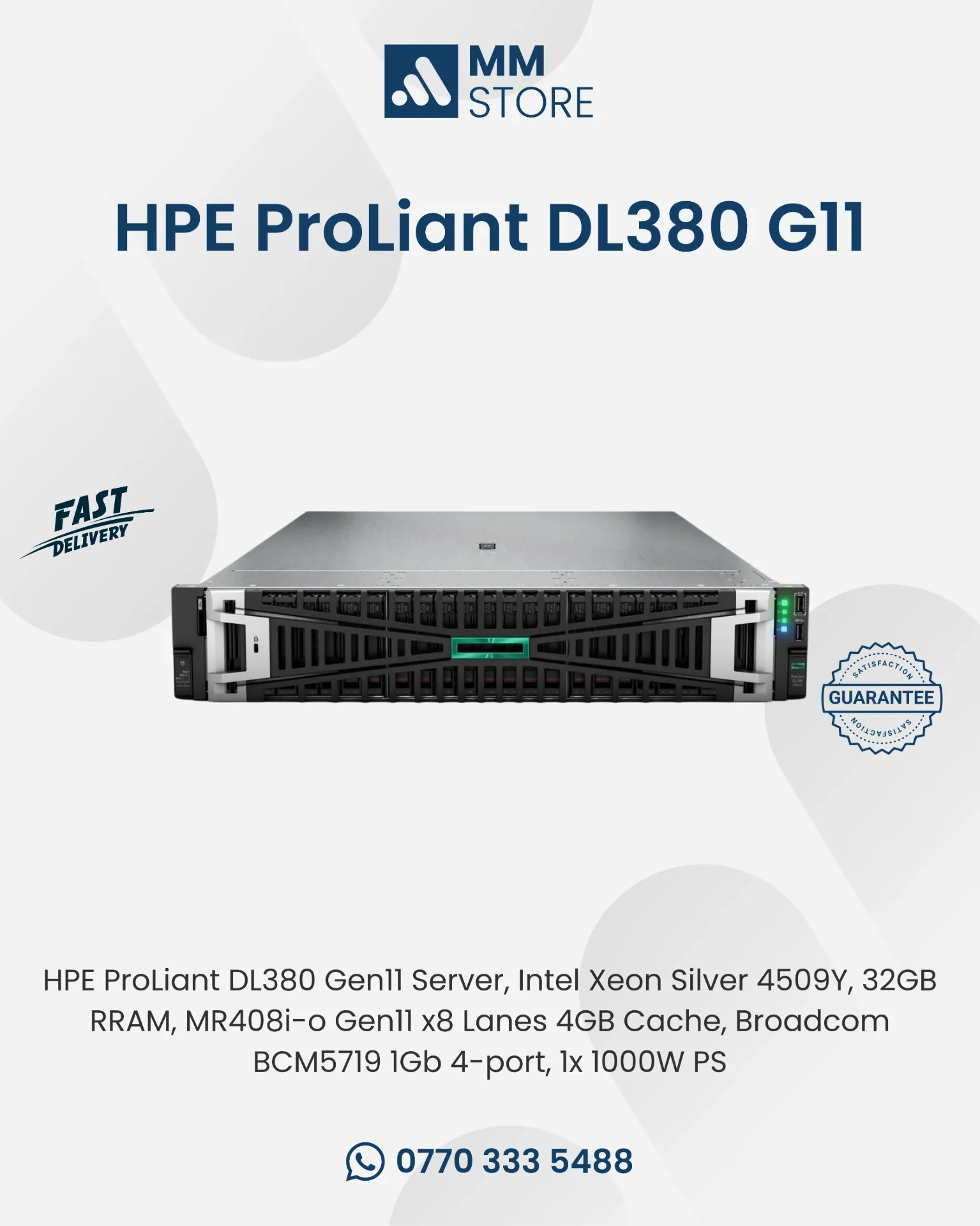 HPE ProLiant DL380 Gen11 Server, Intel Xeon Silver 4509Y, 32GB RRAM, MR408i-o Gen11 x8 Lanes 4GB Cache, Broadcom BCM5719 1Gb 4-port, 1x 1000W PS