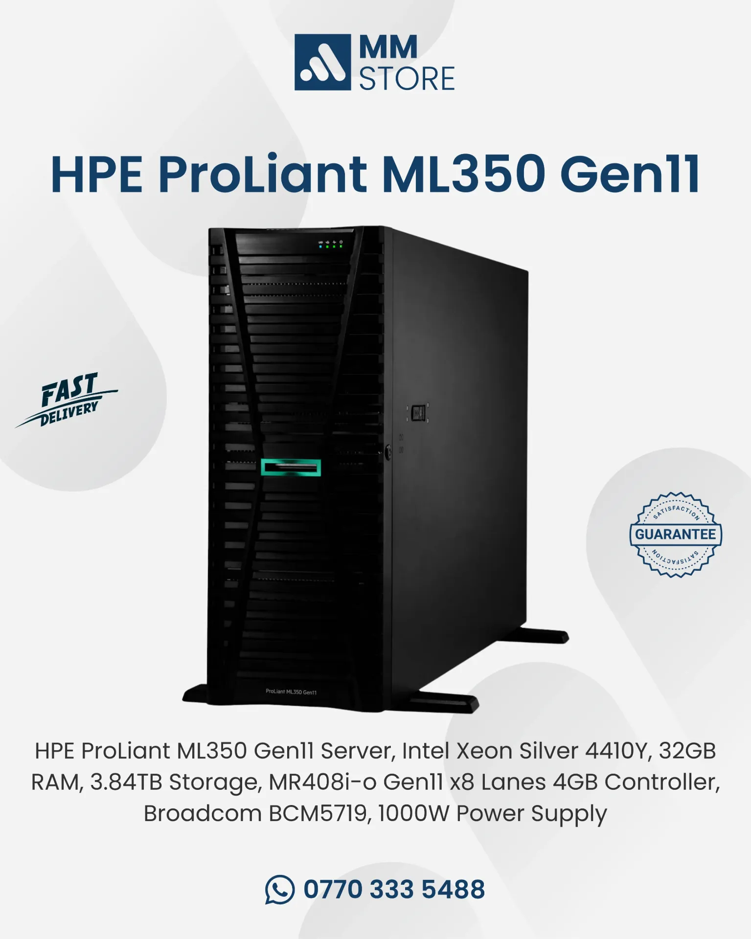 HPE ProLiant ML350 Gen11 Server, Intel Xeon Silver 4410Y, 32GB RAM, 3.84TB Storage, MR408i-o Gen11 x8 Lanes 4GB Controller, Broadcom BCM5719, 1000W Power Supply