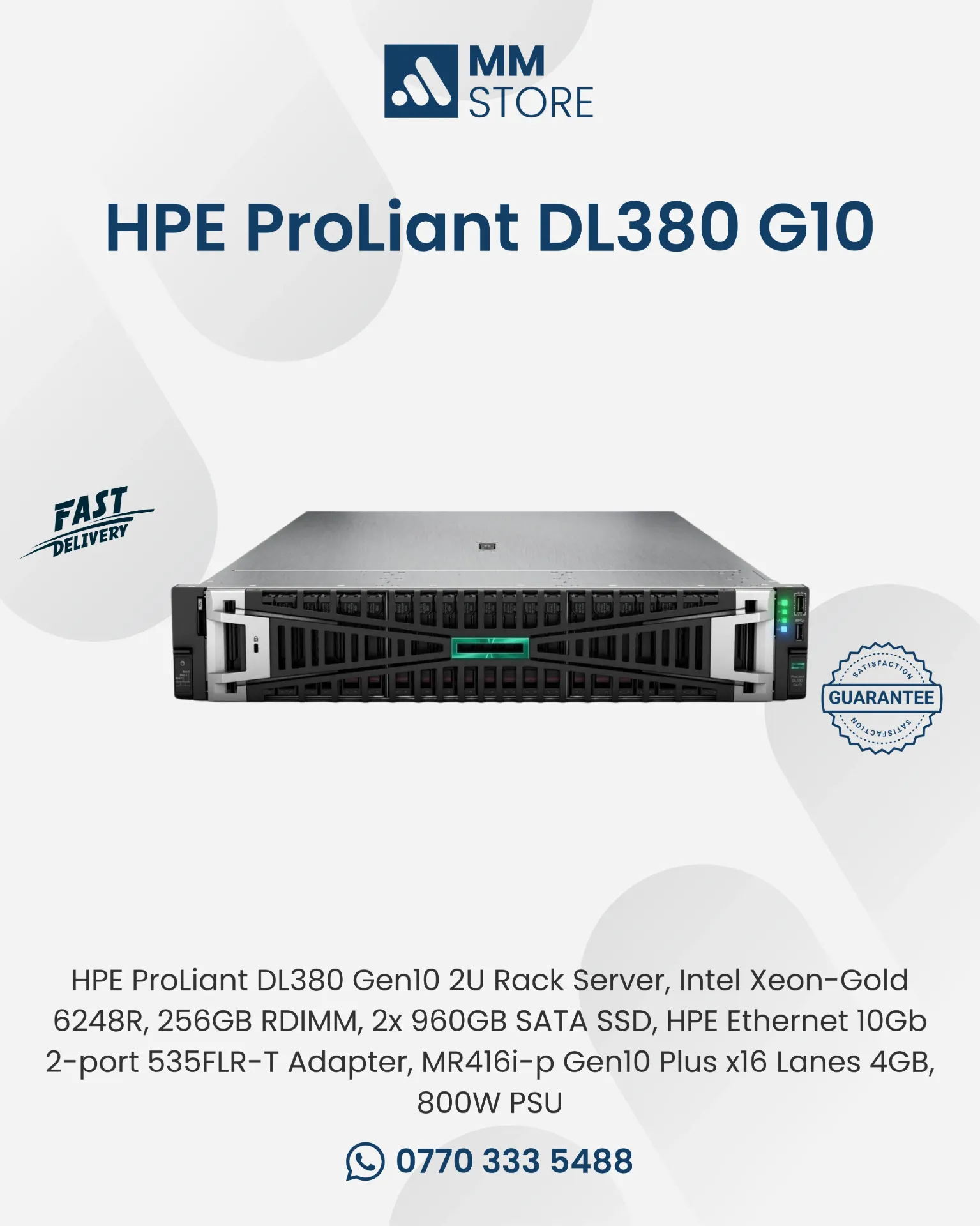 HPE ProLiant DL380 Gen10 2U Rack Server, Intel Xeon-Gold 6248R, 256GB RDIMM, 2x 960GB SATA SSD, HPE Ethernet 10Gb 2-port 535FLR-T Adapter, MR416i-p Gen10 Plus x16 Lanes 4GB, 800W PSU