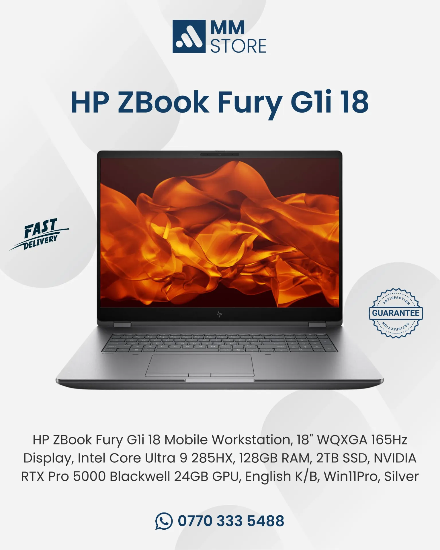 HP ZBook Fury G1i 18 Mobile Workstation, 18" WQXGA 165Hz Display, Intel Core Ultra 9 285HX, 128GB RAM, 2TB SSD, NVIDIA RTX Pro 5000 Blackwell 24GB GPU, English K/B, Win11Pro