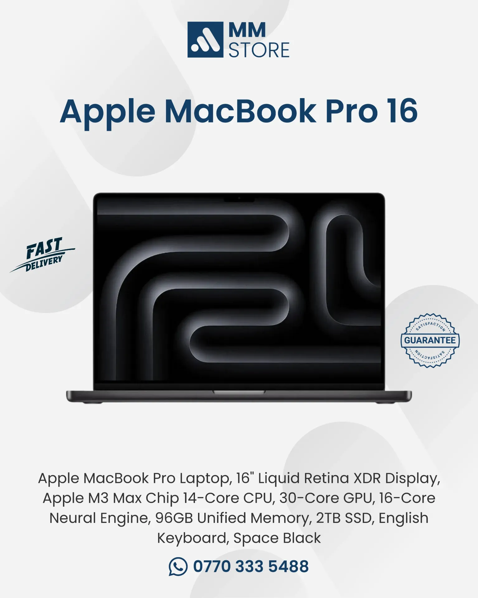 Apple MacBook Pro Laptop, 16" Liquid Retina XDR Display, Apple M3 Max Chip 14-Core CPU, 30-Core GPU, 16-Core Neural Engine, 96GB Unified Memory, 2TB SSD, English Keyboard, Space Black