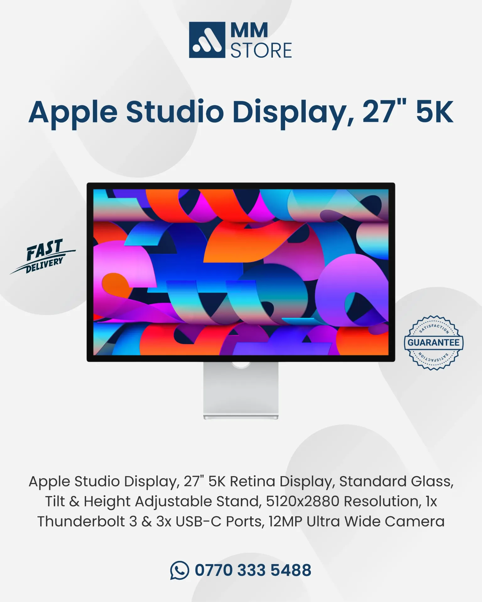 Apple Studio Display, 27" 5K Retina Display, Standard Glass, Tilt & Height Adjustable Stand, 5120x2880 Resolution, 1x Thunderbolt 3 & 3x USB-C Ports, 12MP Ultra Wide Camera