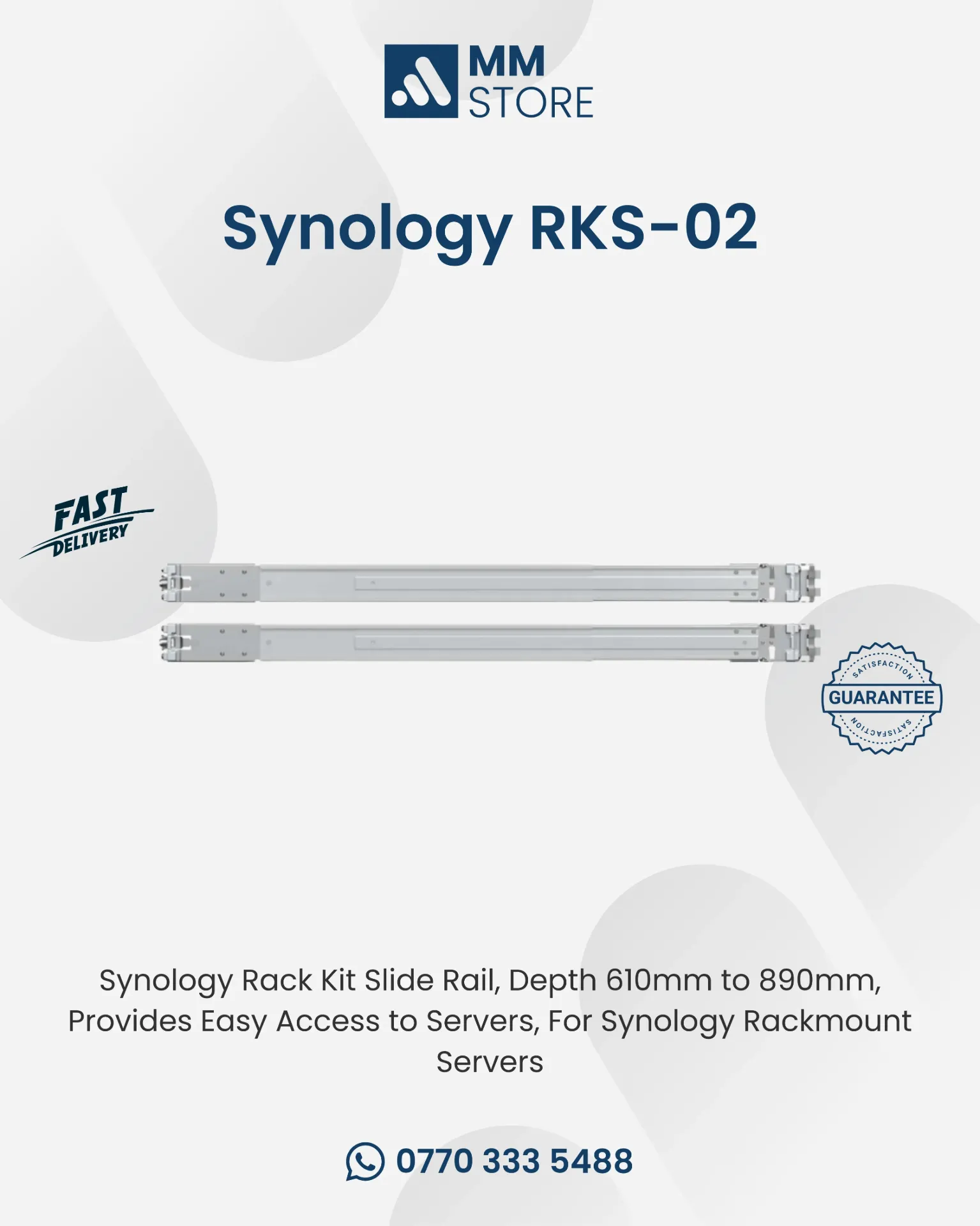 Synology RKS-02 Rack Kit Slide Rail, Depth 610mm to 890mm, Provides Easy Access to Servers, For Synology Rackmount Servers