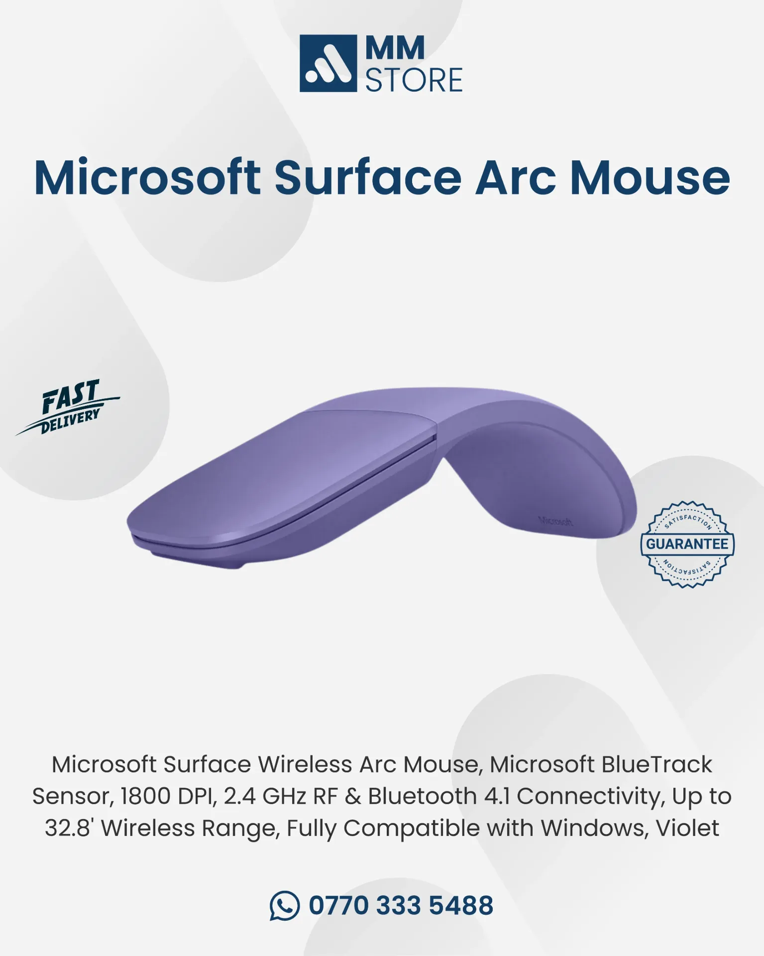 Microsoft Surface Wireless Arc Mouse, Microsoft BlueTrack Sensor, 1800 DPI, 2.4 GHz RF & Bluetooth 4.1 Connectivity, Up to 32.8' Wireless Range, Fully Compatible with Windows, Violet