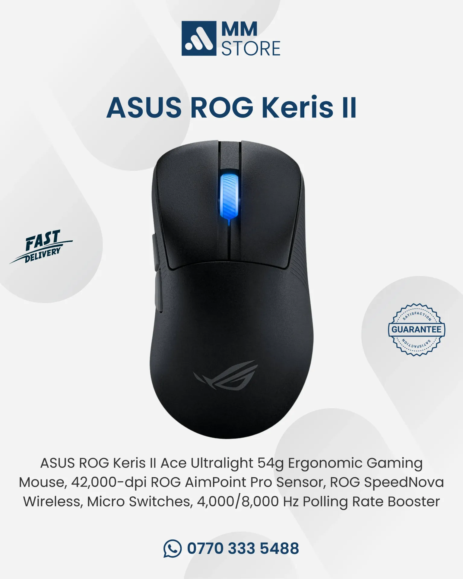 ASUS ROG Keris II Ace Ultralight 54g Ergonomic Gaming Mouse, 42,000-dpi ROG AimPoint Pro Sensor, ROG SpeedNova Wireless, Micro Switches, 4,000/8,000 Hz Polling Rate Booster, Black
