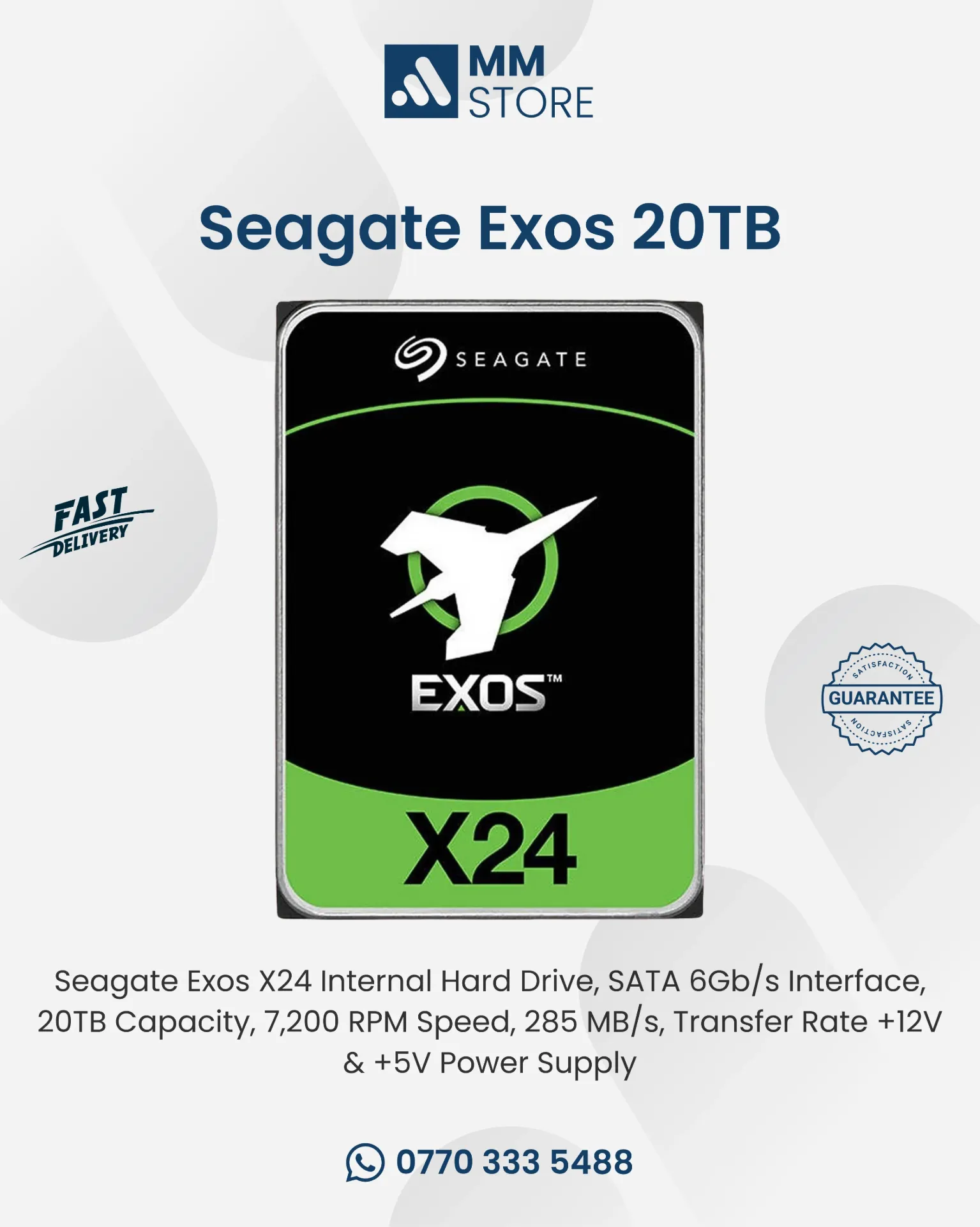 Seagate Exos 20TB HDD X24 SATA 6Gb/s Interface, 7,200 RPM, 285 MB/s