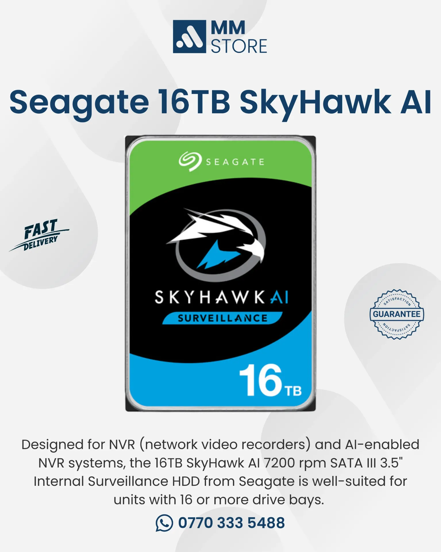Seagate 16TB SkyHawk AI 7200 rpm SATA III 3.5" Internal Surveillance HDD