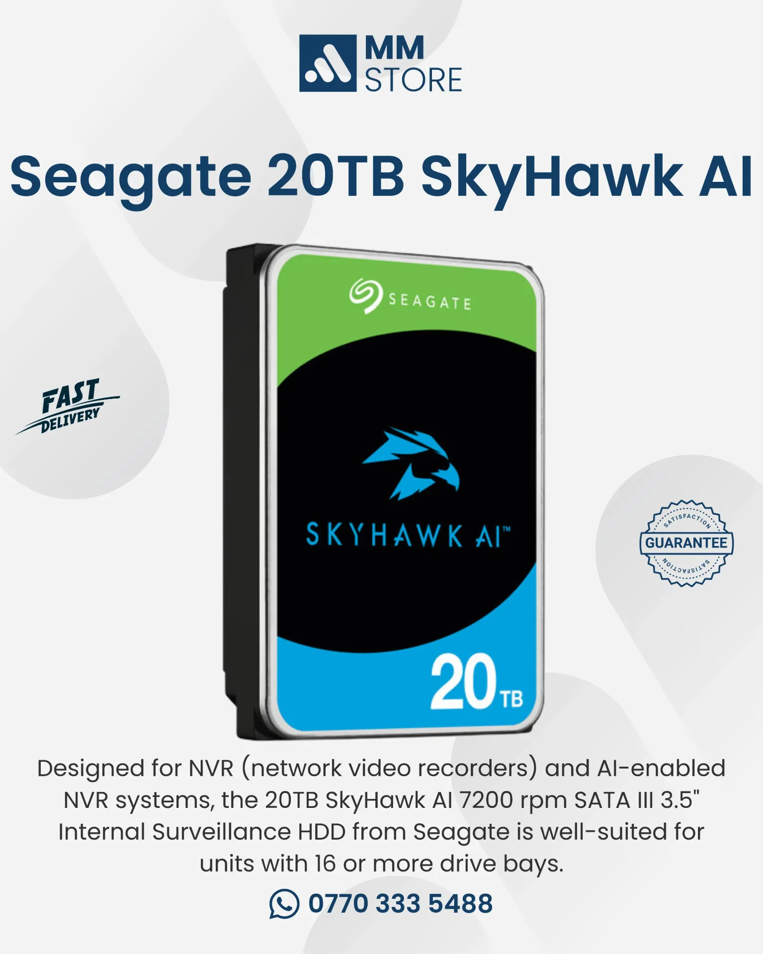 Seagate 20TB SkyHawk AI 7200 rpm SATA III 3.5" Internal Surveillance HDD