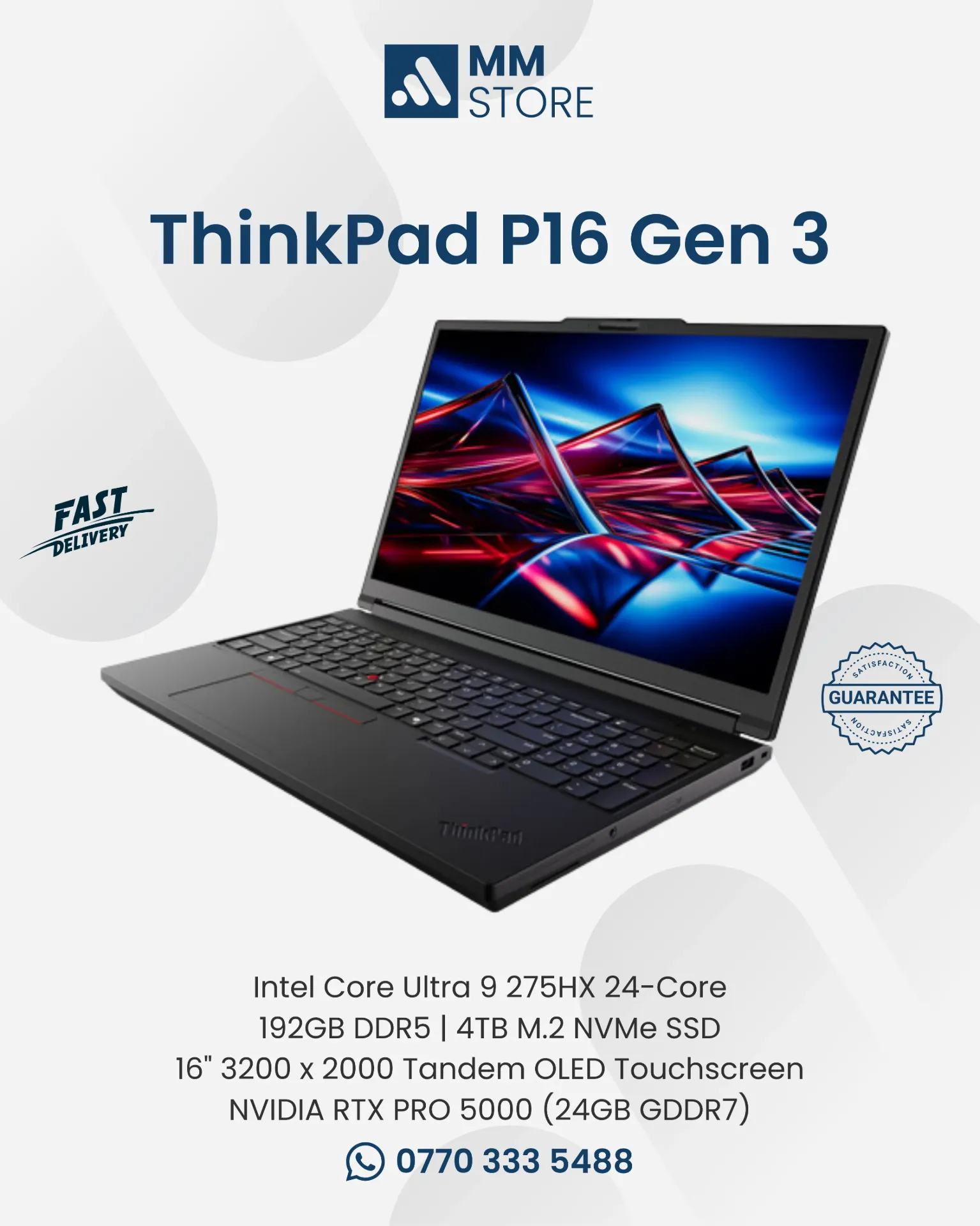 Lenovo ThinkPad P16 Gen 3 (2026 Edition) | Intel Core Ultra 9 275HX 24-Core | 192GB DDR5 | 4TB M.2 NVMe SSD | NVIDIA RTX PRO 5000 | 16" 3200 x 2000 Tandem OLED Touchscreen