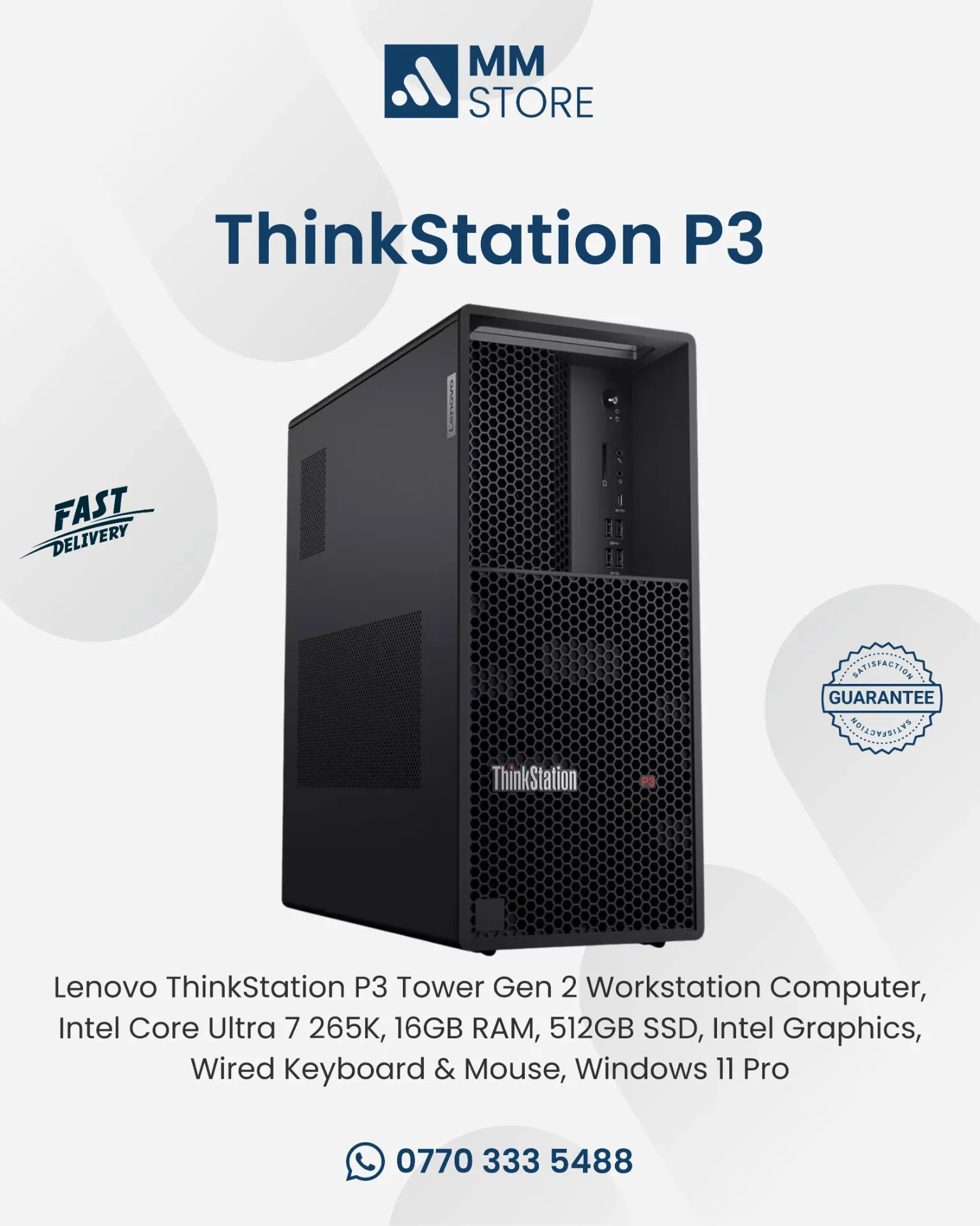 Lenovo ThinkStation P3 Tower Gen 2 Workstation Computer, Intel Core Ultra 7 265K, 16GB RAM, 512GB SSD, Intel Graphics, Wired Keyboard & Mouse, Windows 11 Pro