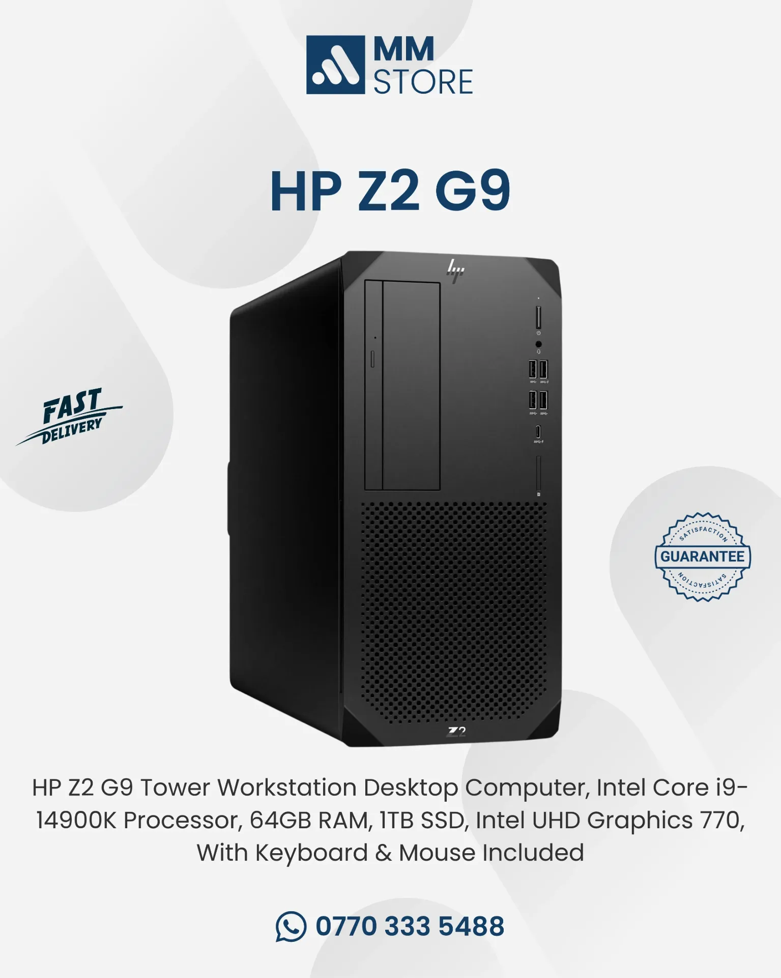 HP Z2 G9 Tower Workstation Desktop Computer, Intel Core i9-14900K Processor, 64GB RAM, 1TB SSD, Intel UHD Graphics 770, With Keyboard & Mouse Included
