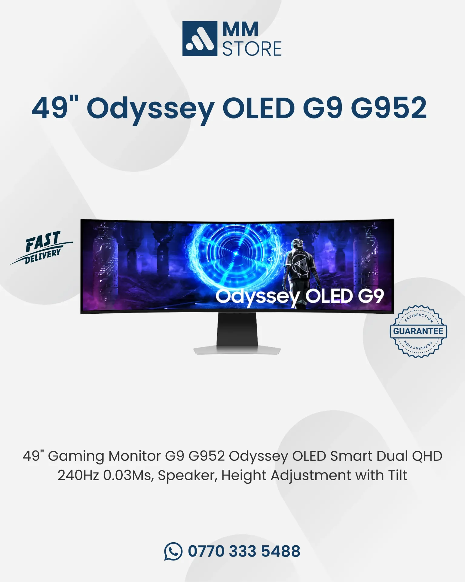 SAMSUNG Odyssey G95SD G9 Gaming Curved Smart Monitor, 49" OLED Display, DQHD Resolution, 240Hz Refresh Rate, 0.03 (GtG) Response Time, FreeSync Premium Pro & G-Sync, White