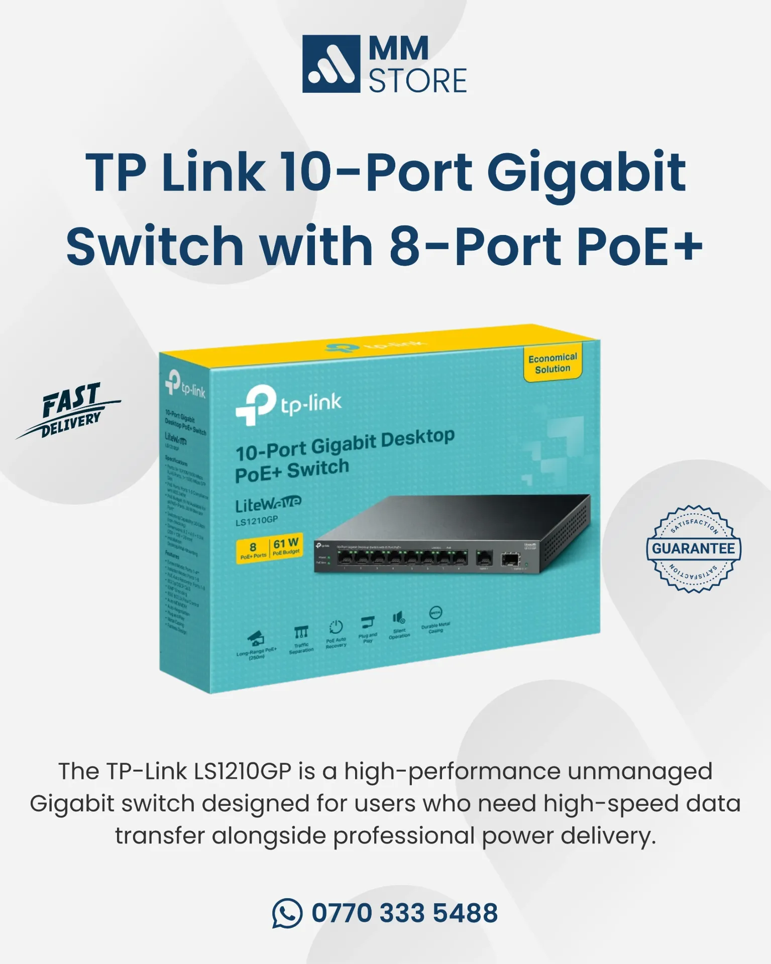 TP-Link LS1210GP 10-Port Gigabit Desktop Switch with 8-Port PoE+
